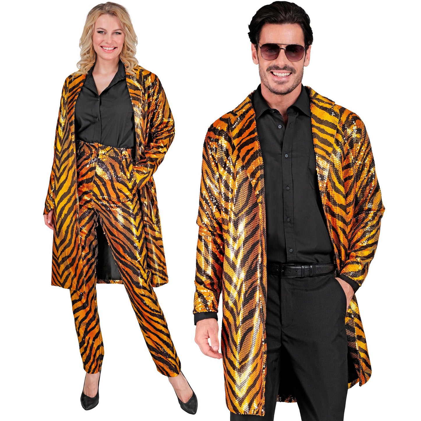 "PARTY FASHION MANTEL" (Paillettenmantel in Tigermuster) – Vorderansicht