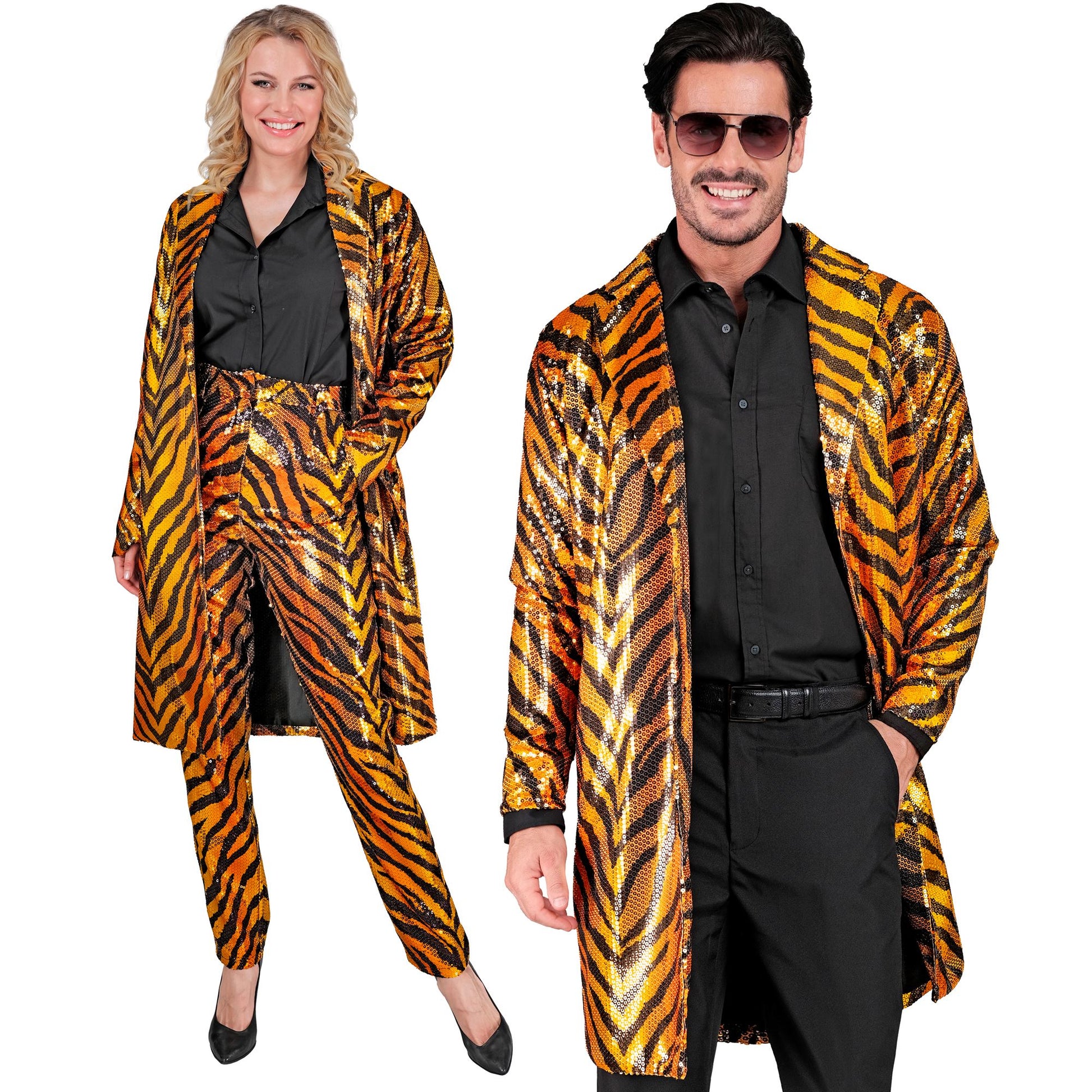 "PARTY FASHION MANTEL" (Paillettenmantel in Tigermuster) – Vorderansicht