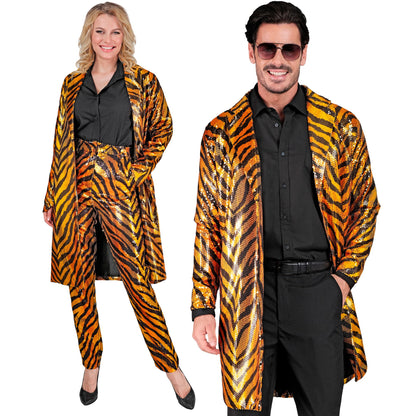 "PARTY FASHION MANTEL" (Paillettenmantel in Tigermuster) – Vorderansicht