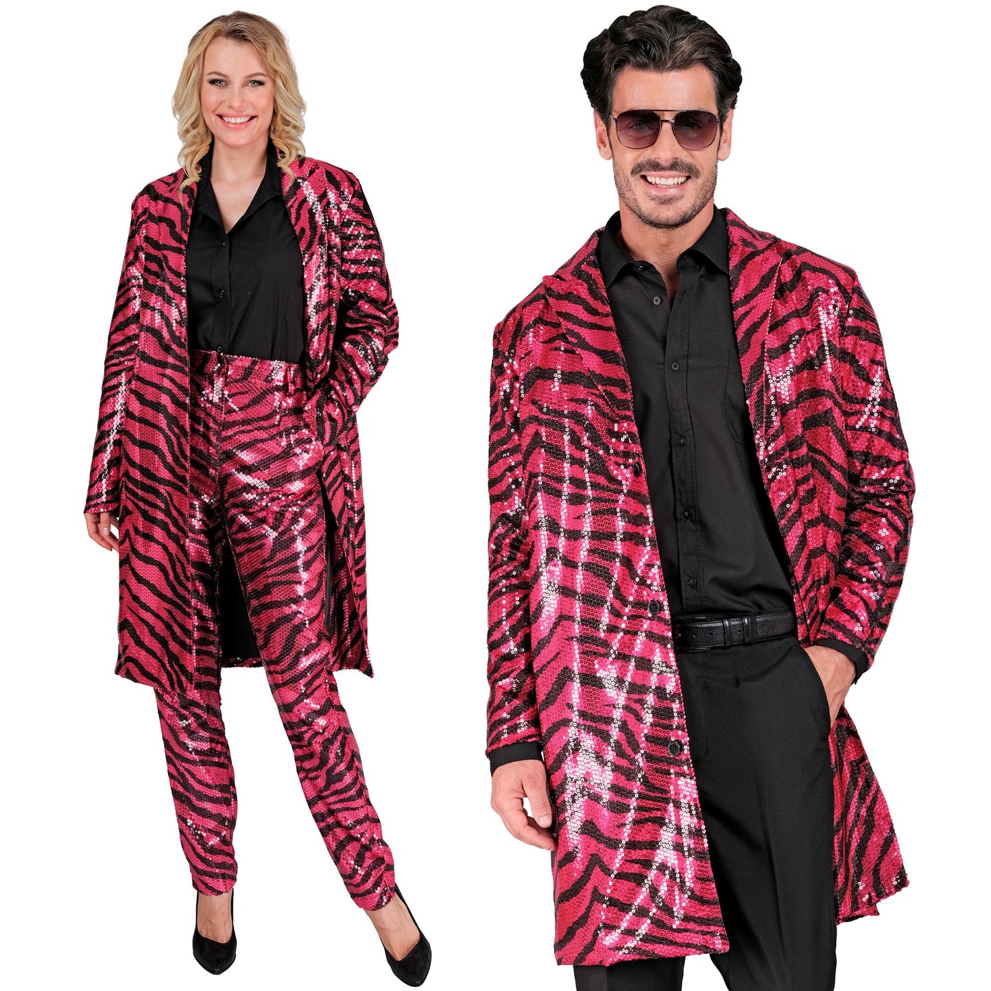 "PARTY FASHION MANTEL" (Paillettenmantel in Zebramuster pink) – Vorderansicht