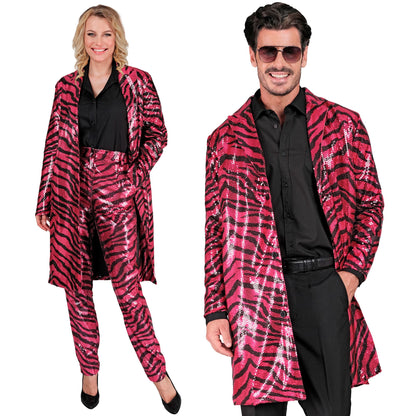 "PARTY FASHION MANTEL" (Paillettenmantel in Zebramuster pink) – Vorderansicht