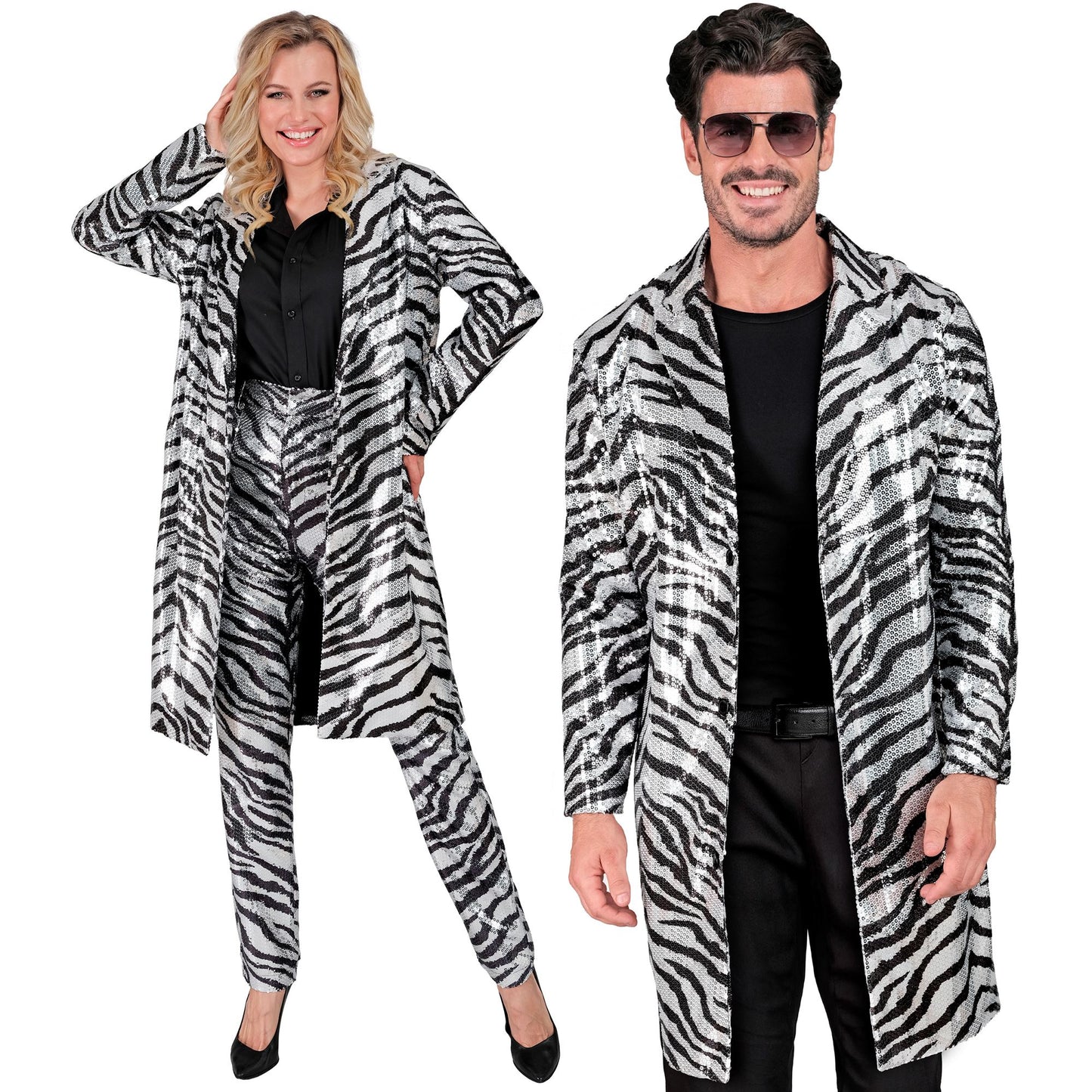 "PARTY FASHION MANTEL" (Paillettenmantel in Zebramuster) – Vorderansicht