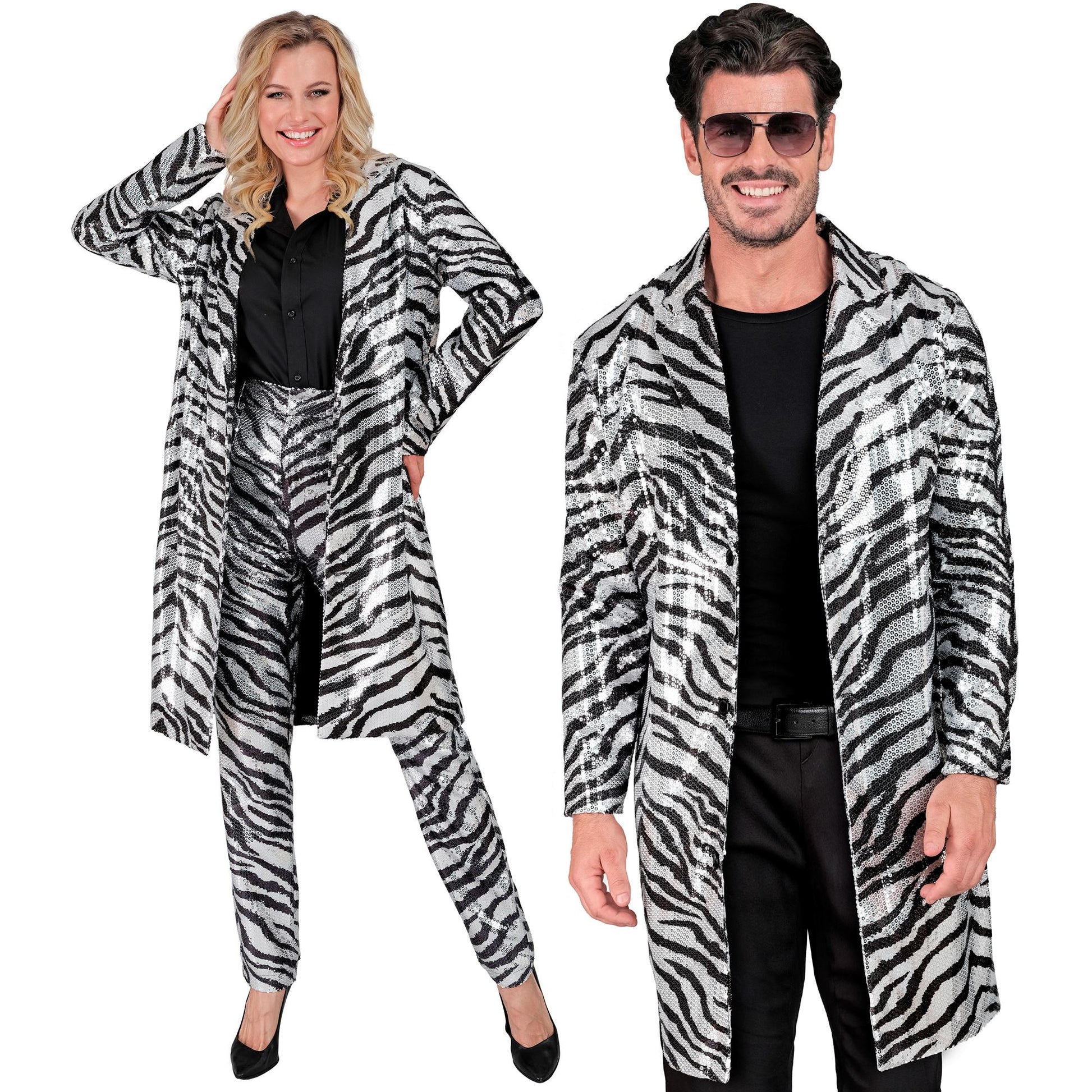 "PARTY FASHION MANTEL" (Paillettenmantel in Zebramuster) – Vorderansicht