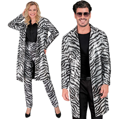 "PARTY FASHION MANTEL" (Paillettenmantel in Zebramuster) – Vorderansicht