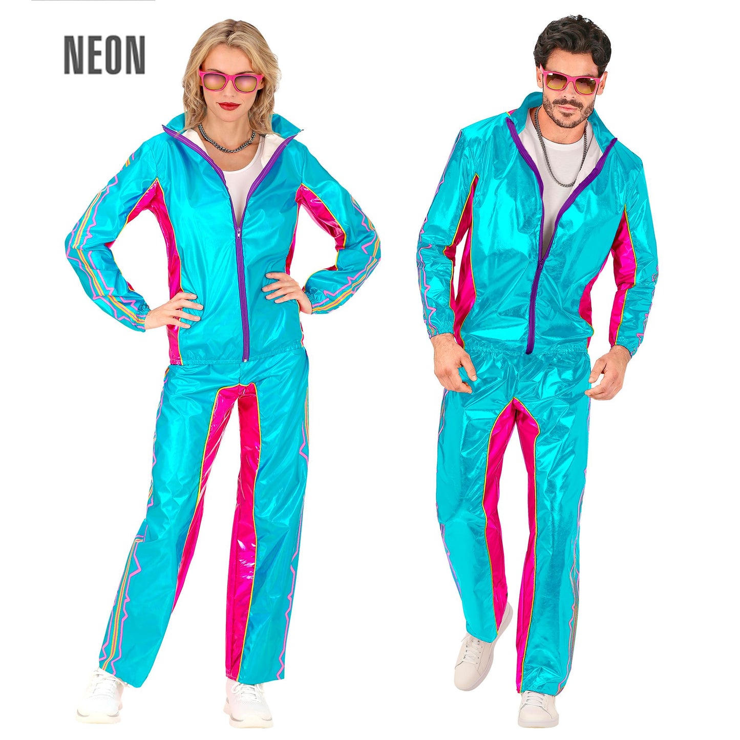 "PARTY FASHION TRAININGSANZUG DANCE MUSIC IN BLAU METALLIC" (Oberteil, Hose) – Vorderansicht