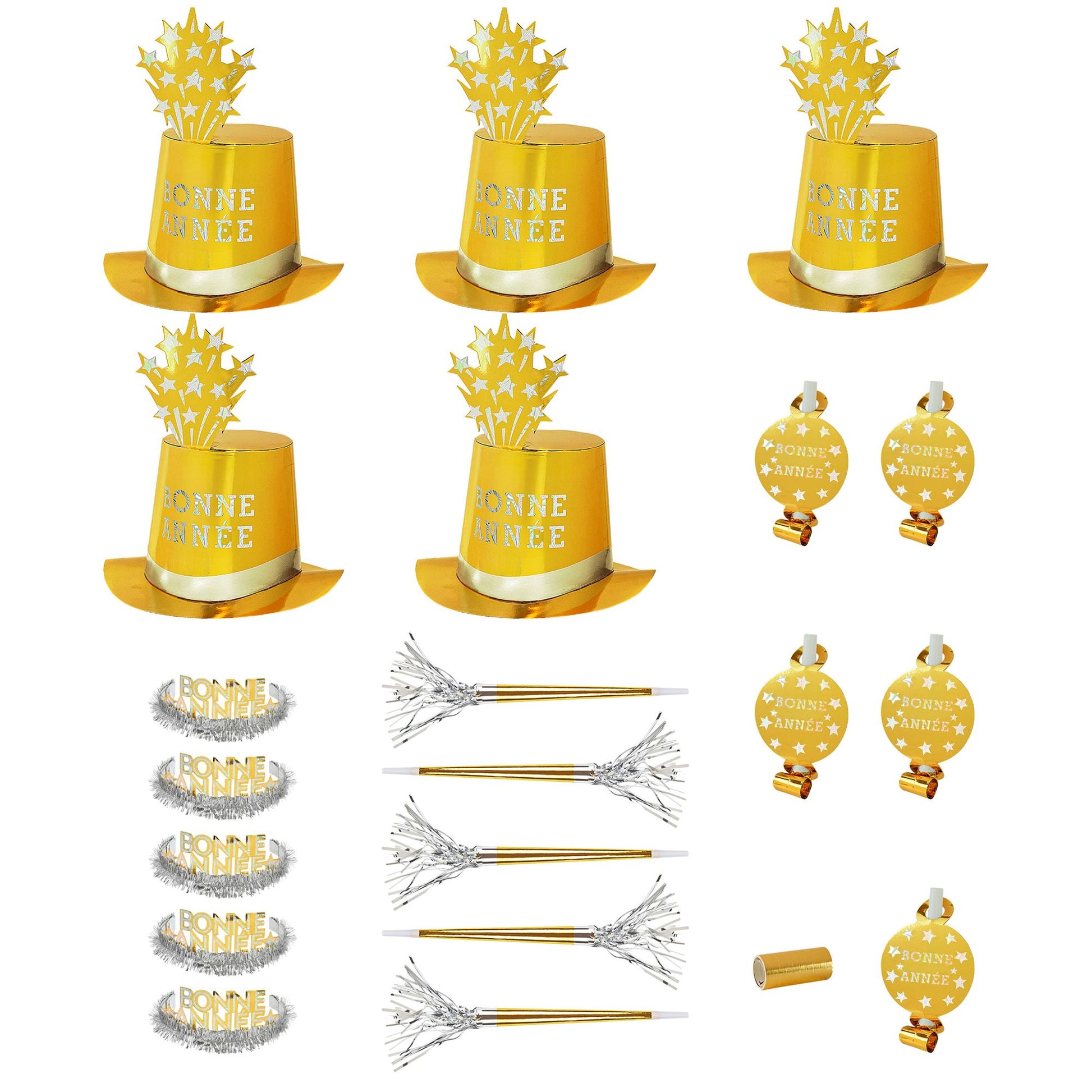 "PARTY KIT BONNE ANNÉE GOLD" für 10 Personen (5 Zylinder, 5 Kronen, 5 Trompeten, 5 Luftrüssel, 1 Rolle aus 10 dekorativen Luftschlangen) – Vorderansicht