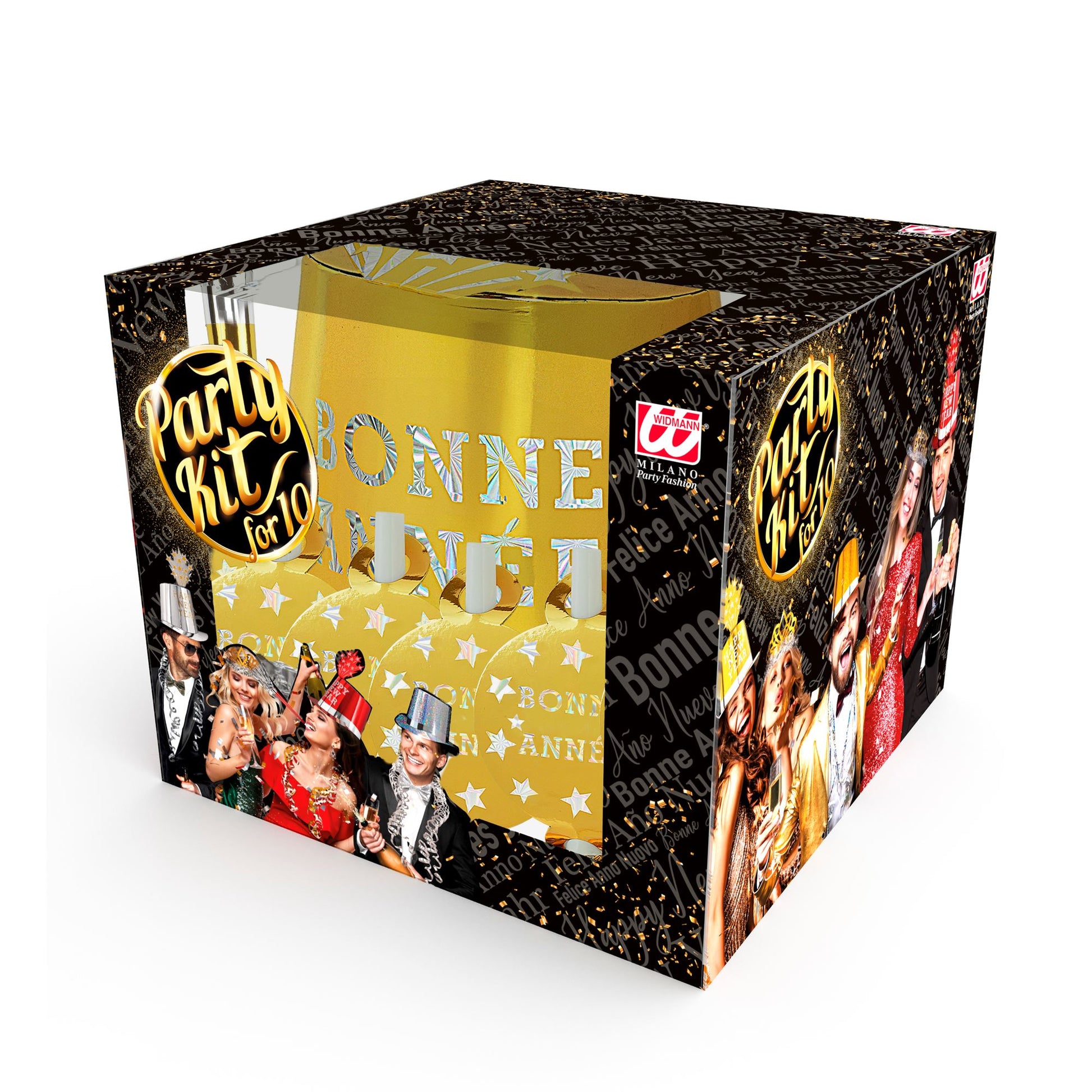 "PARTY KIT BONNE ANNÉE GOLD" für 10 Personen (5 Zylinder, 5 Kronen, 5 Trompeten, 5 Luftrüssel, 1 Rolle aus 10 dekorativen Luftschlangen) – Detailansicht