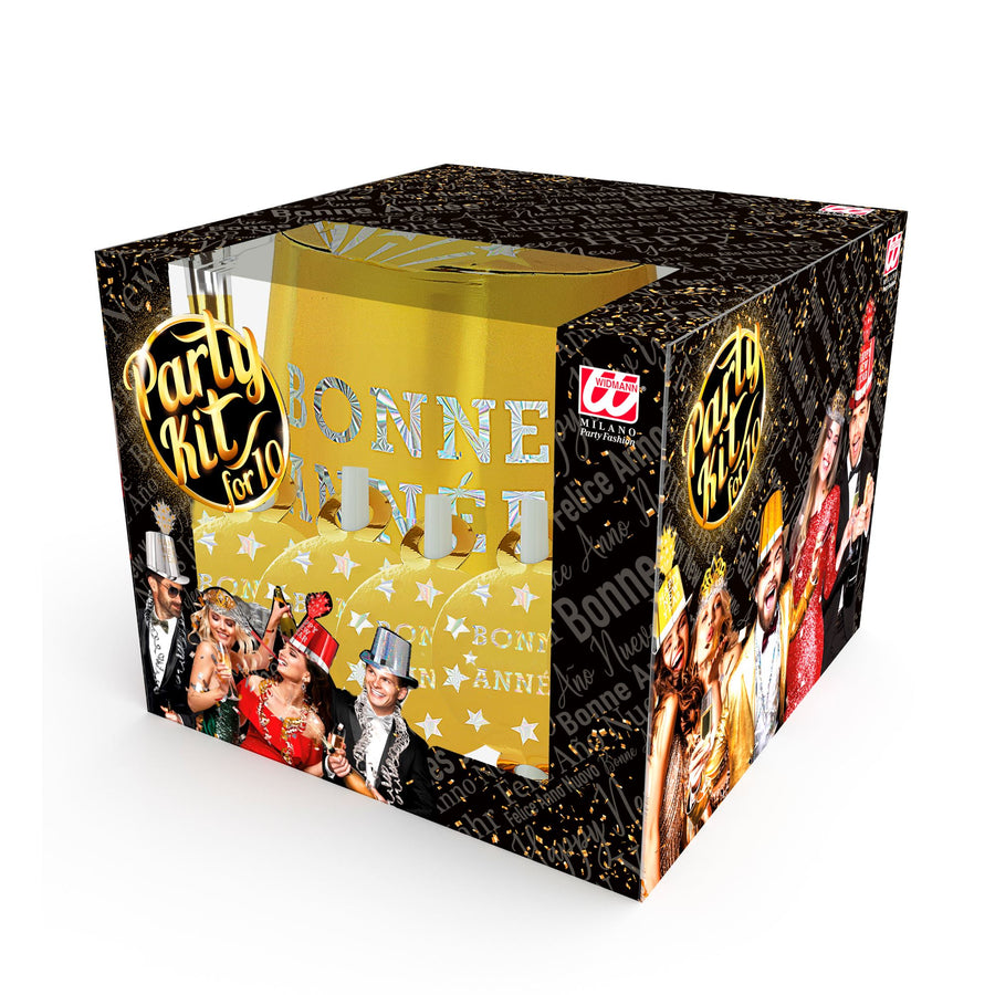 "PARTY KIT BONNE ANNÉE GOLD" für 10 Personen (5 Zylinder, 5 Kronen, 5 Trompeten, 5 Luftrüssel, 1 Rolle aus 10 dekorativen Luftschlangen) – Detailansicht