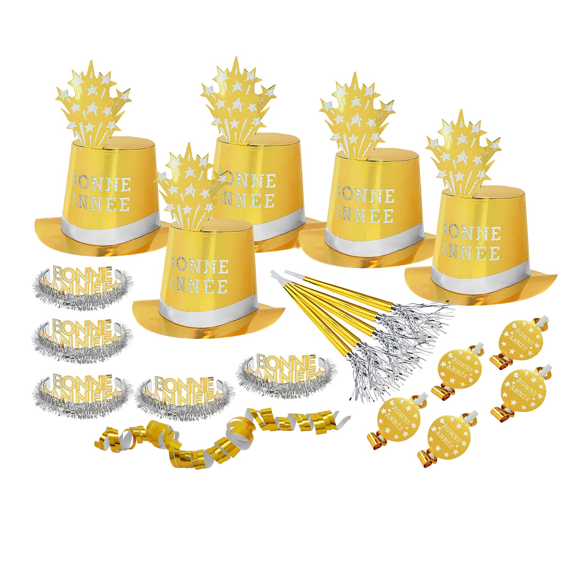 "PARTY KIT BONNE ANNÉE GOLD" für 10 Personen (5 Zylinder, 5 Kronen, 5 Trompeten, 5 Luftrüssel, 1 Rolle aus 10 dekorativen Luftschlangen) – Ansicht 3
