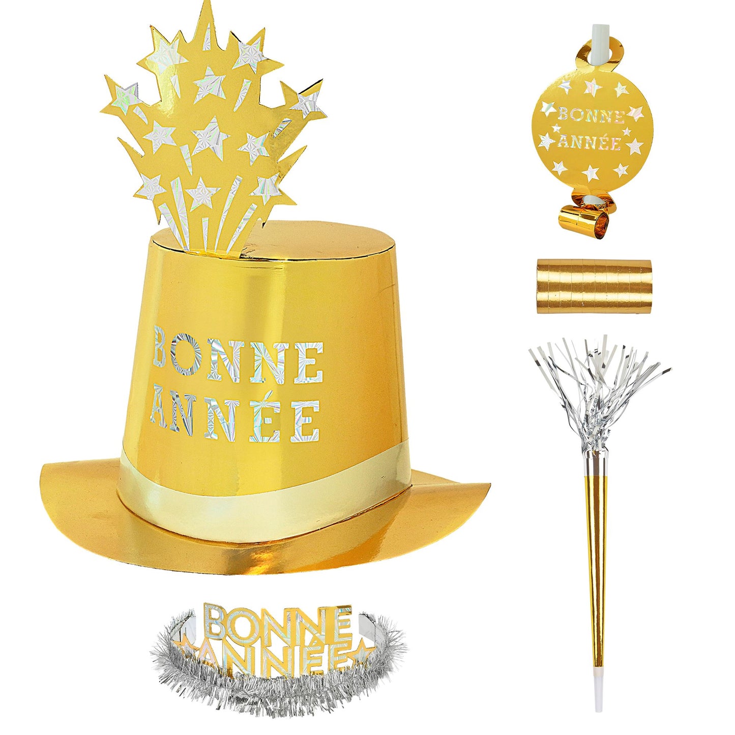 "PARTY KIT BONNE ANNÉE GOLD" für 10 Personen (5 Zylinder, 5 Kronen, 5 Trompeten, 5 Luftrüssel, 1 Rolle aus 10 dekorativen Luftschlangen) – Ansicht 4