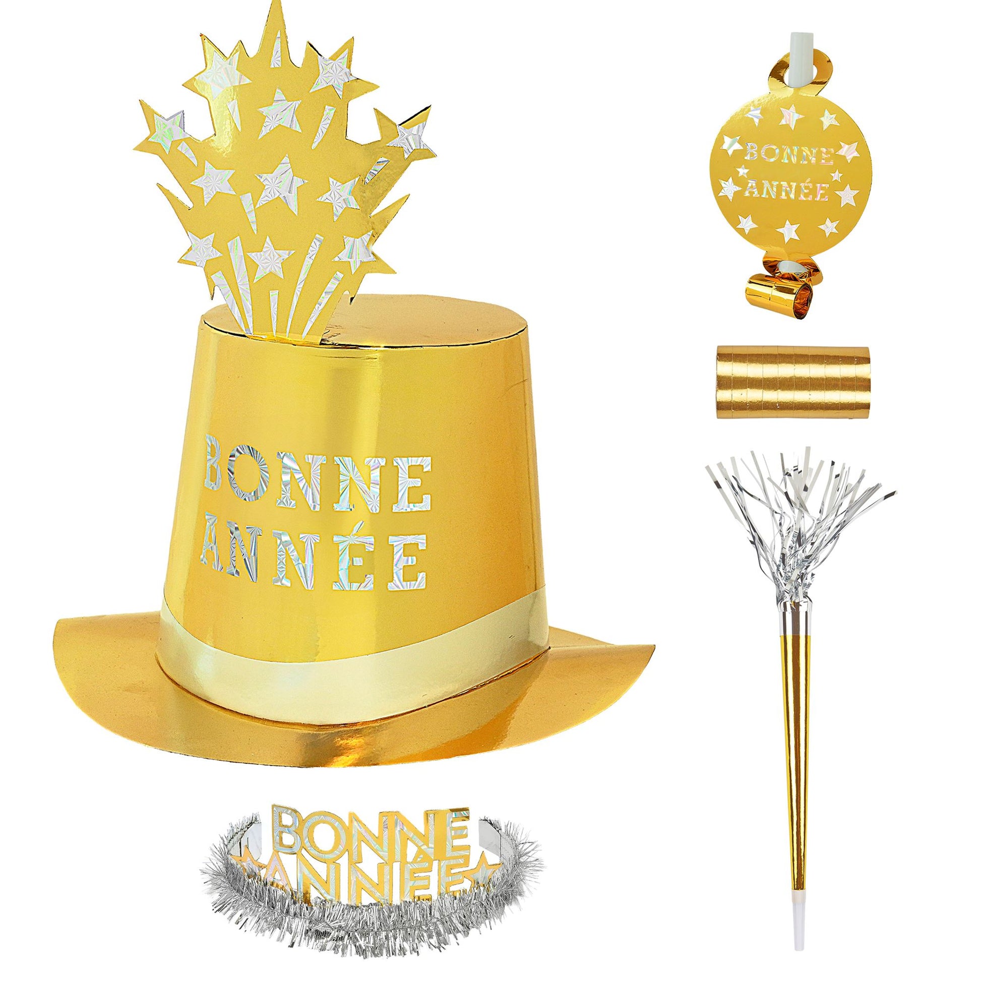 "PARTY KIT BONNE ANNÉE GOLD" für 10 Personen (5 Zylinder, 5 Kronen, 5 Trompeten, 5 Luftrüssel, 1 Rolle aus 10 dekorativen Luftschlangen) – Ansicht 4