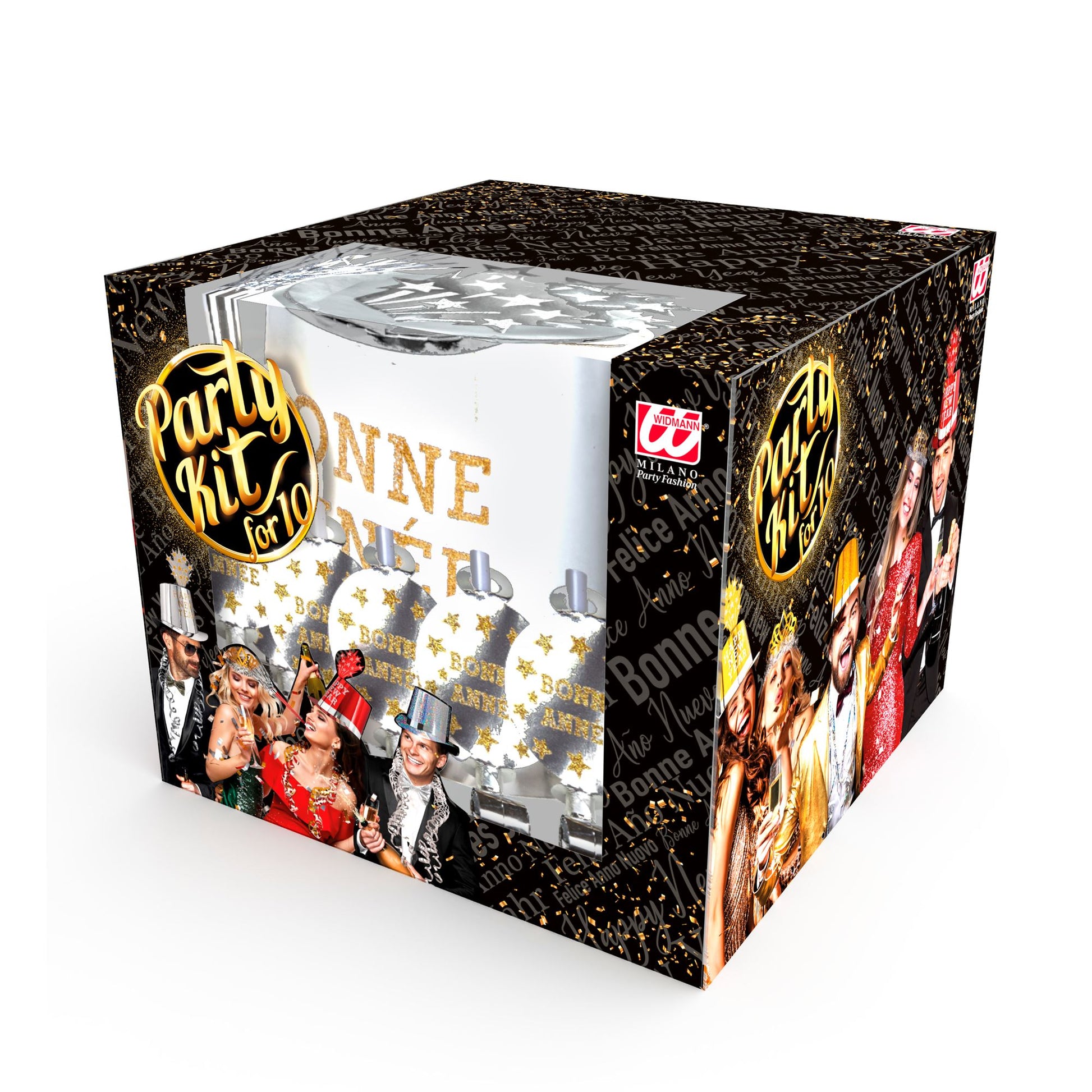 "PARTY KIT BONNE ANNÉE SILBER" für 10 Personen (5 Zylinder, 5 Kronen, 5 Trompeten, 5 Luftrüssel, 1 Rolle aus 10 dekorativen Luftschlangen) – Detailansicht