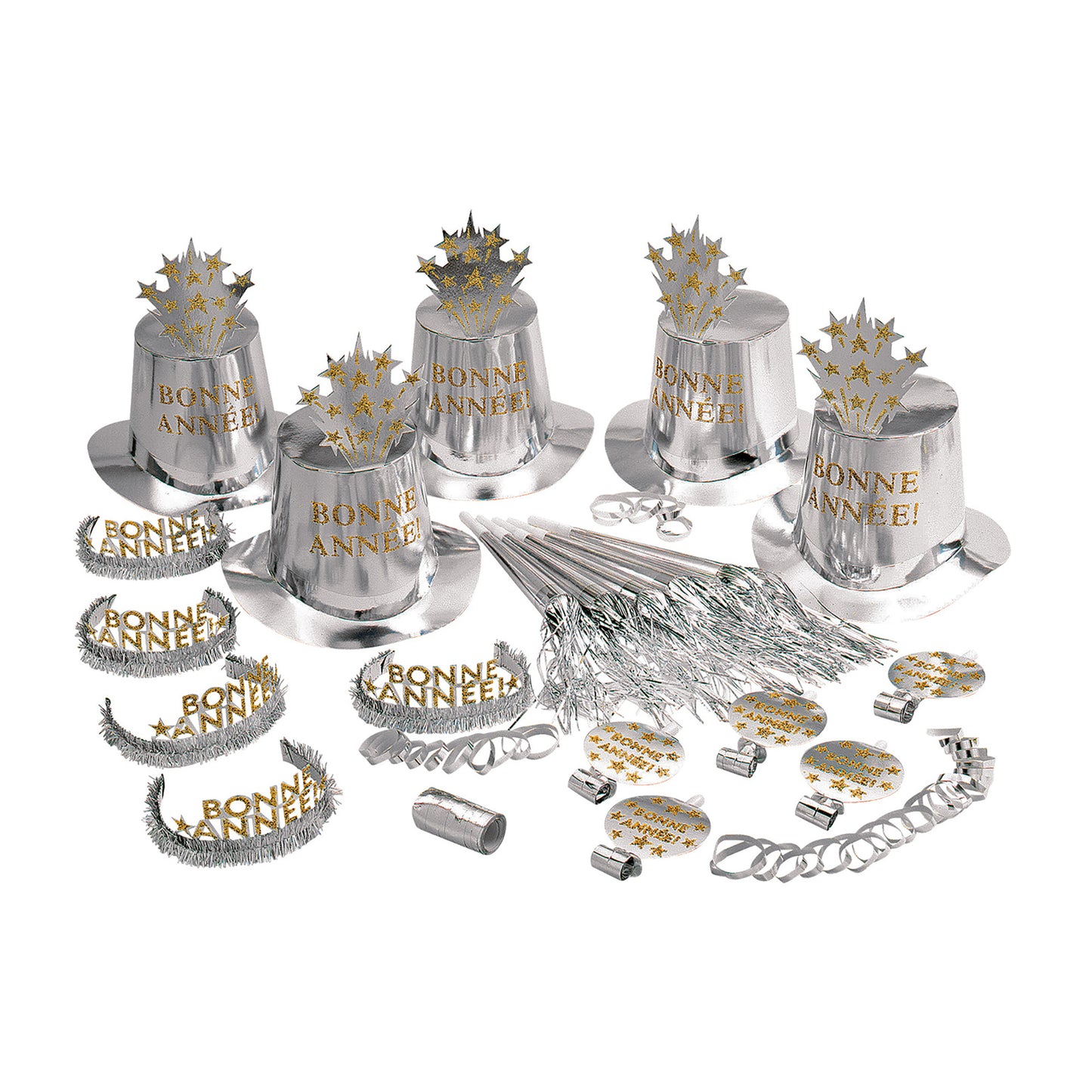"PARTY KIT BONNE ANNÉE SILBER" für 10 Personen (5 Zylinder, 5 Kronen, 5 Trompeten, 5 Luftrüssel, 1 Rolle aus 10 dekorativen Luftschlangen) – Ansicht 3