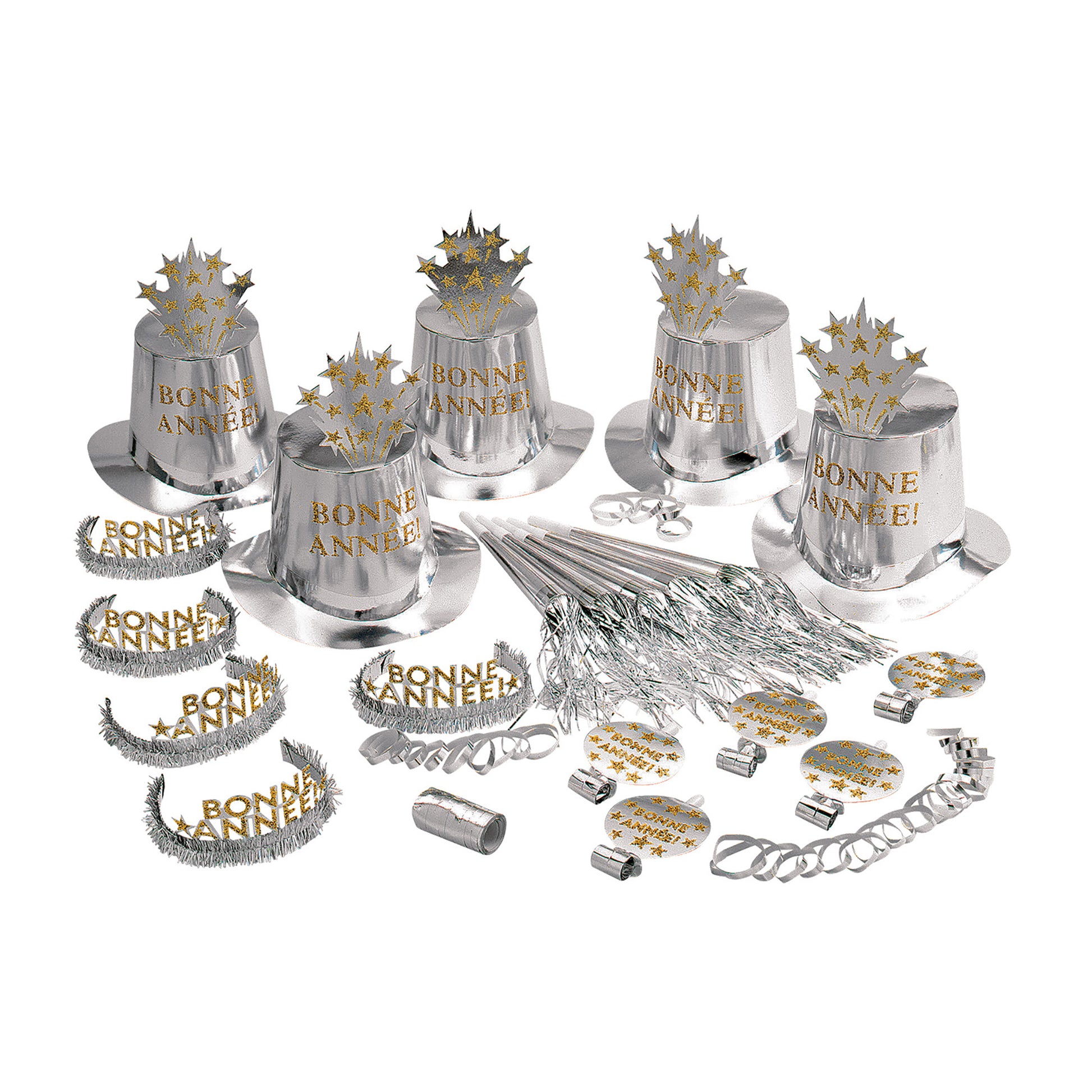 "PARTY KIT BONNE ANNÉE SILBER" für 10 Personen (5 Zylinder, 5 Kronen, 5 Trompeten, 5 Luftrüssel, 1 Rolle aus 10 dekorativen Luftschlangen) – Ansicht 3