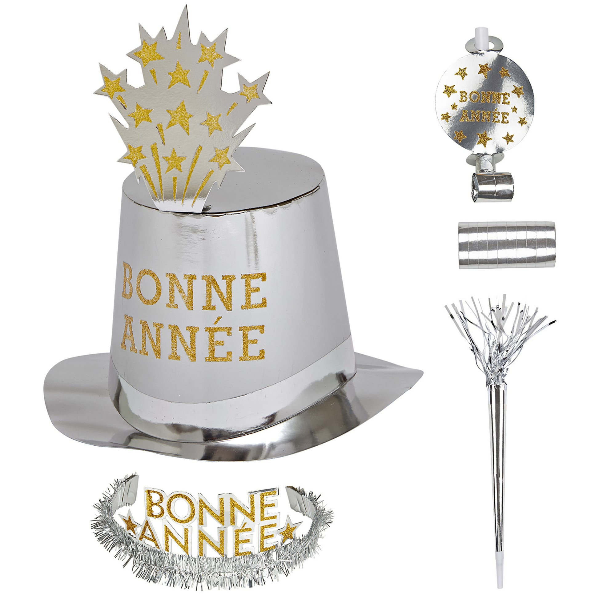 "PARTY KIT BONNE ANNÉE SILBER" für 10 Personen (5 Zylinder, 5 Kronen, 5 Trompeten, 5 Luftrüssel, 1 Rolle aus 10 dekorativen Luftschlangen) – Ansicht 4