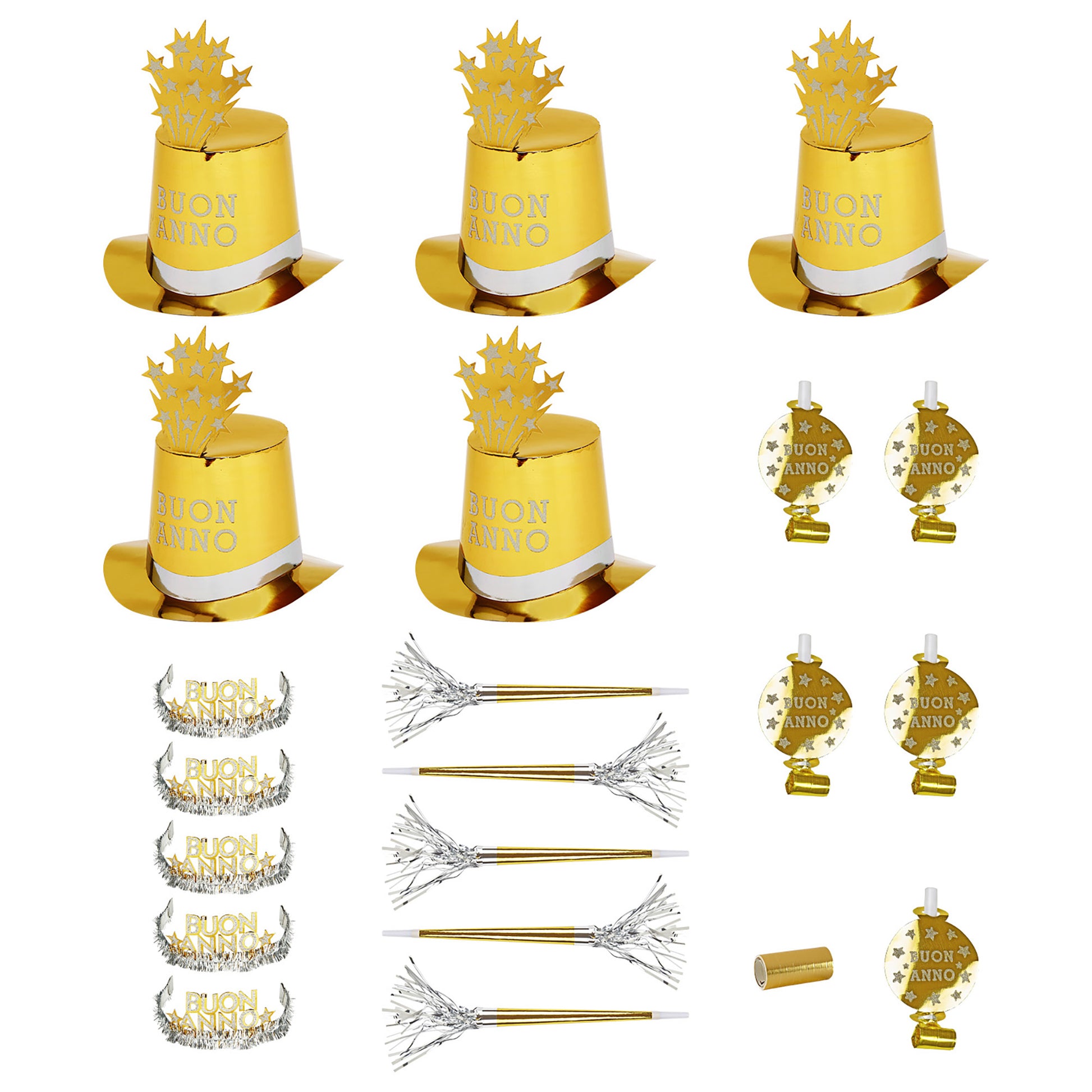 "PARTY KIT BUON ANNO GOLD" für 10 Personen (5 Zylinder, 5 Kronen, 5 Trompeten, 5 Luftrüssel, 1 Rolle aus 10 dekorativen Luftschlangen) – Vorderansicht