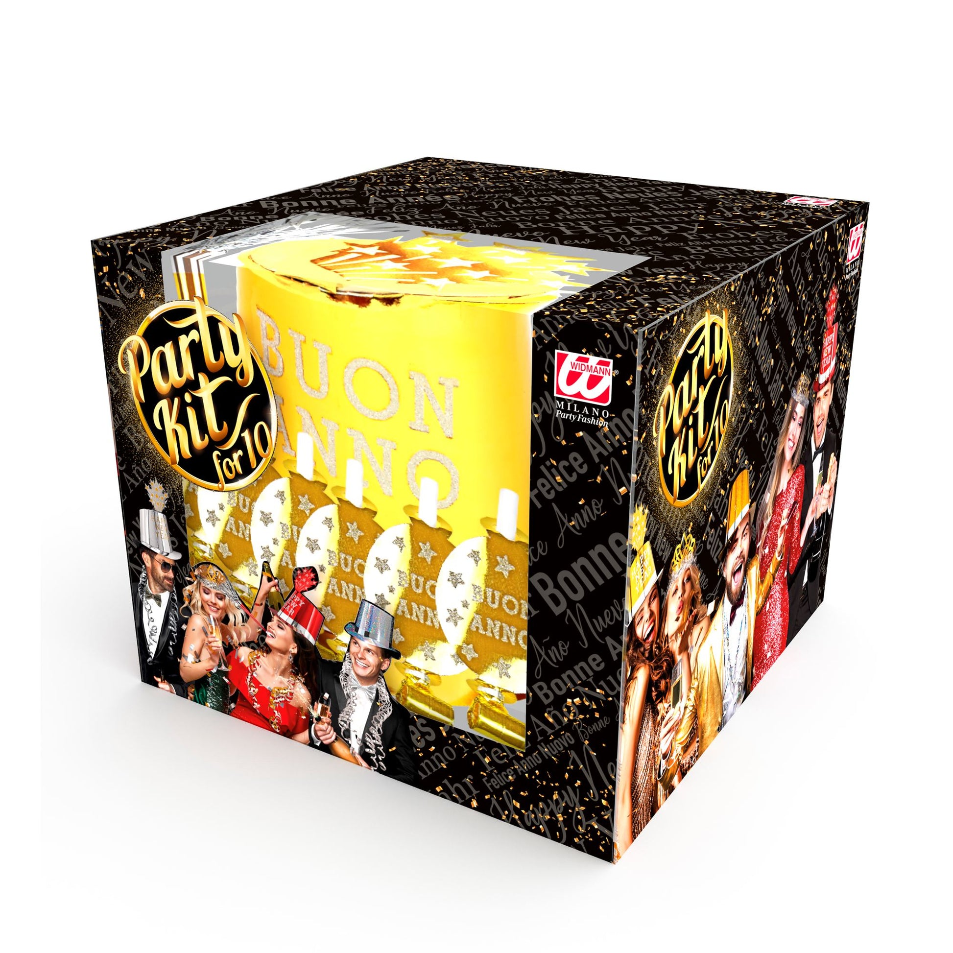 "PARTY KIT BUON ANNO GOLD" für 10 Personen (5 Zylinder, 5 Kronen, 5 Trompeten, 5 Luftrüssel, 1 Rolle aus 10 dekorativen Luftschlangen) – Detailansicht