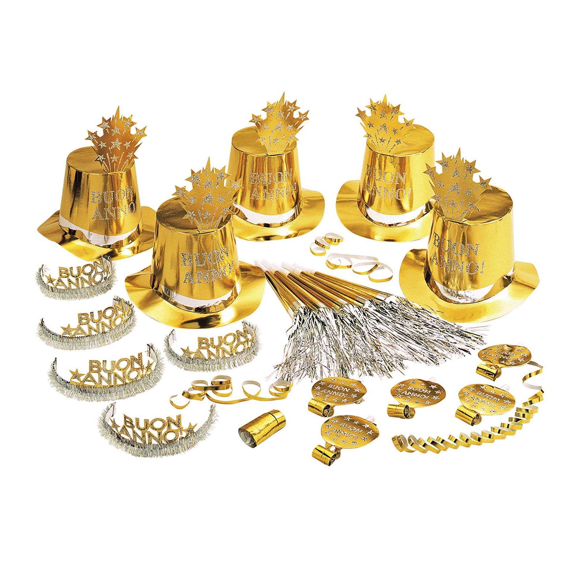 "PARTY KIT BUON ANNO GOLD" für 10 Personen (5 Zylinder, 5 Kronen, 5 Trompeten, 5 Luftrüssel, 1 Rolle aus 10 dekorativen Luftschlangen) – Ansicht 3