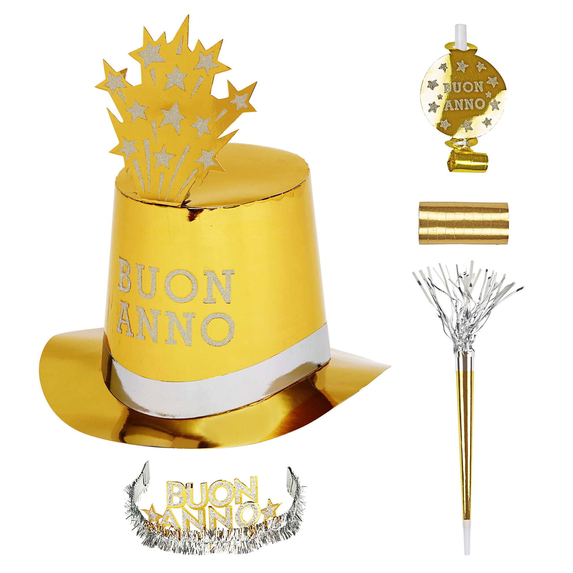"PARTY KIT BUON ANNO GOLD" für 10 Personen (5 Zylinder, 5 Kronen, 5 Trompeten, 5 Luftrüssel, 1 Rolle aus 10 dekorativen Luftschlangen) – Ansicht 4