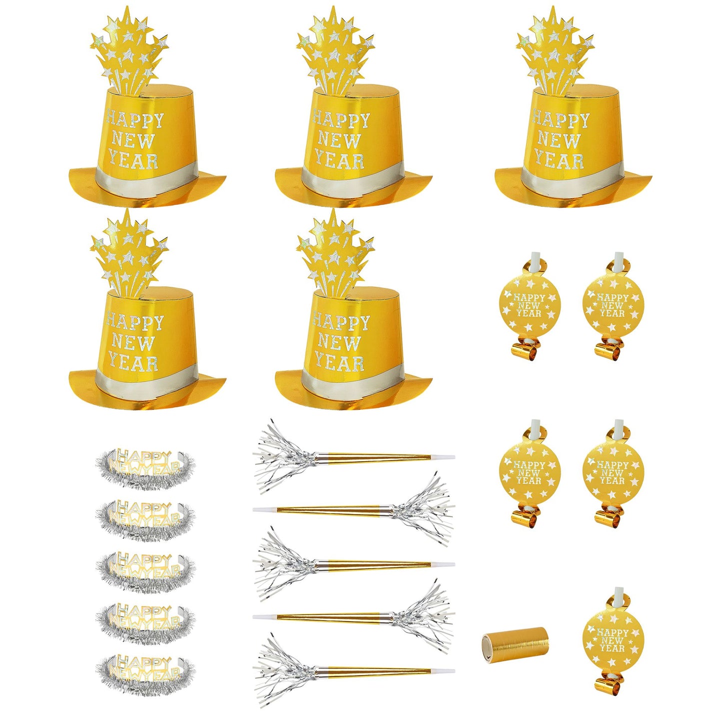 "PARTY KIT HAPPY NEW YEAR GOLD" für 10 Personen (5 Zylinder, 5 Kronen, 5 Trompeten, 5 Luftrüssel, 1 Rolle aus 10 dekorativen Luftschlangen) – Vorderansicht