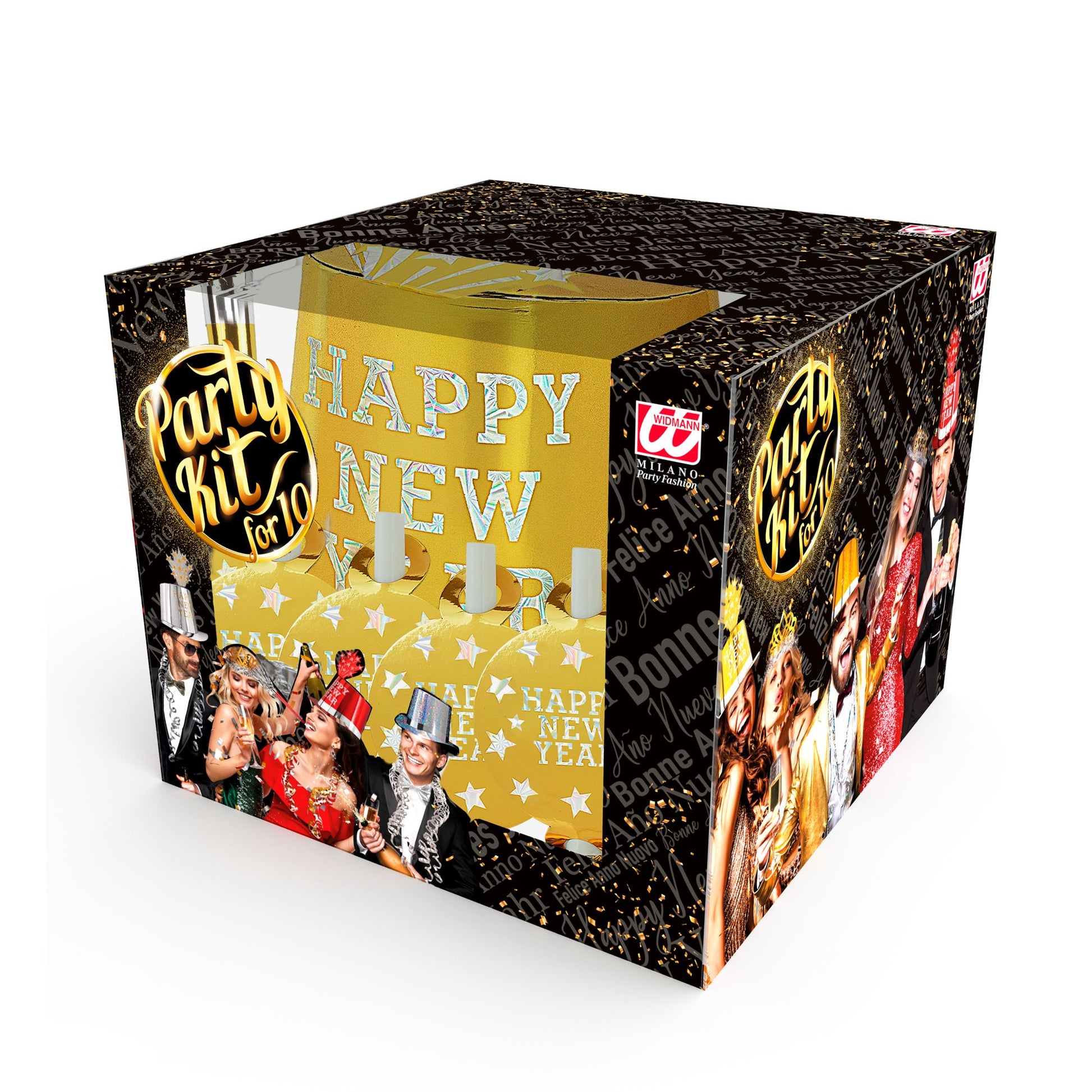 "PARTY KIT HAPPY NEW YEAR GOLD" für 10 Personen (5 Zylinder, 5 Kronen, 5 Trompeten, 5 Luftrüssel, 1 Rolle aus 10 dekorativen Luftschlangen) – Detailansicht