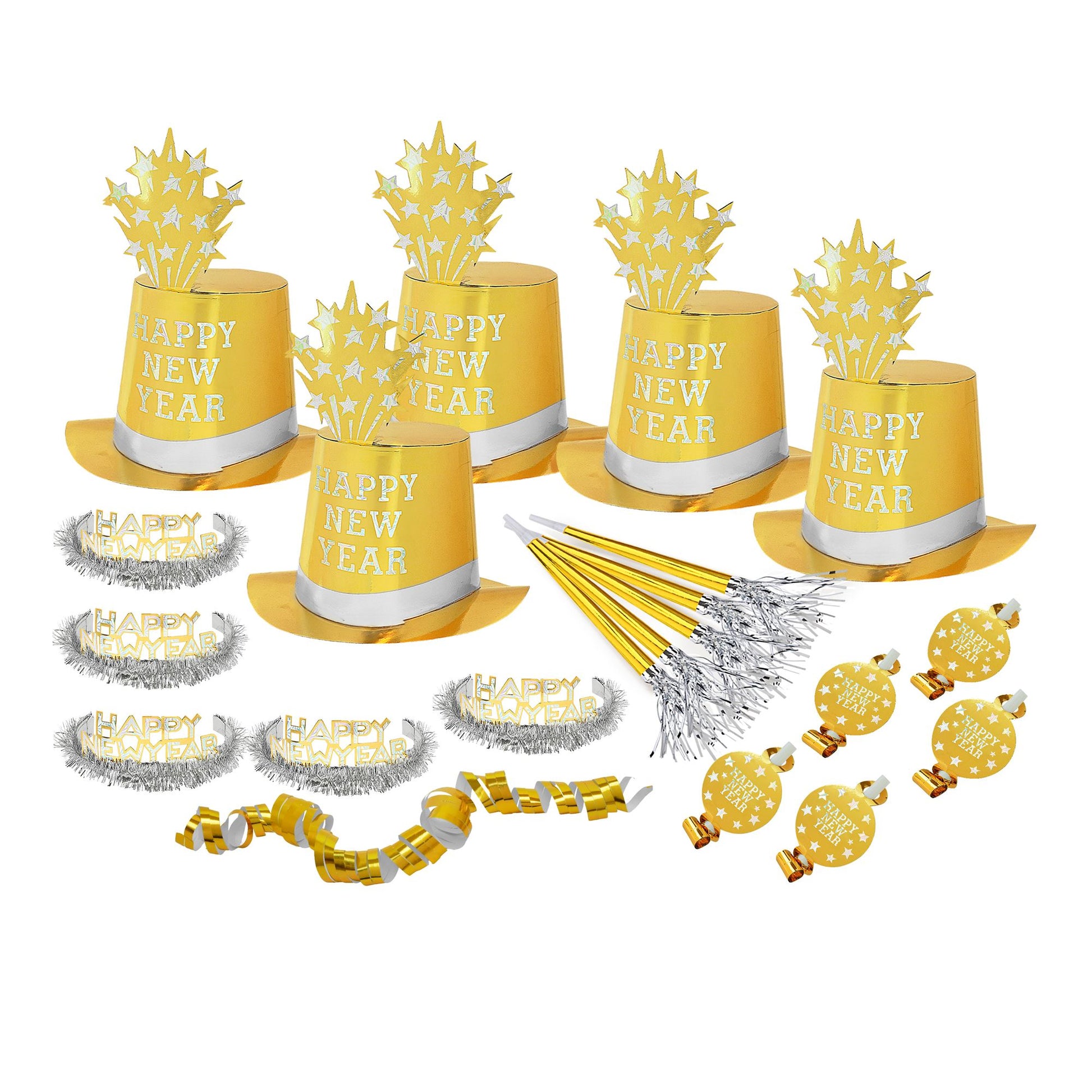 "PARTY KIT HAPPY NEW YEAR GOLD" für 10 Personen (5 Zylinder, 5 Kronen, 5 Trompeten, 5 Luftrüssel, 1 Rolle aus 10 dekorativen Luftschlangen) – Ansicht 3