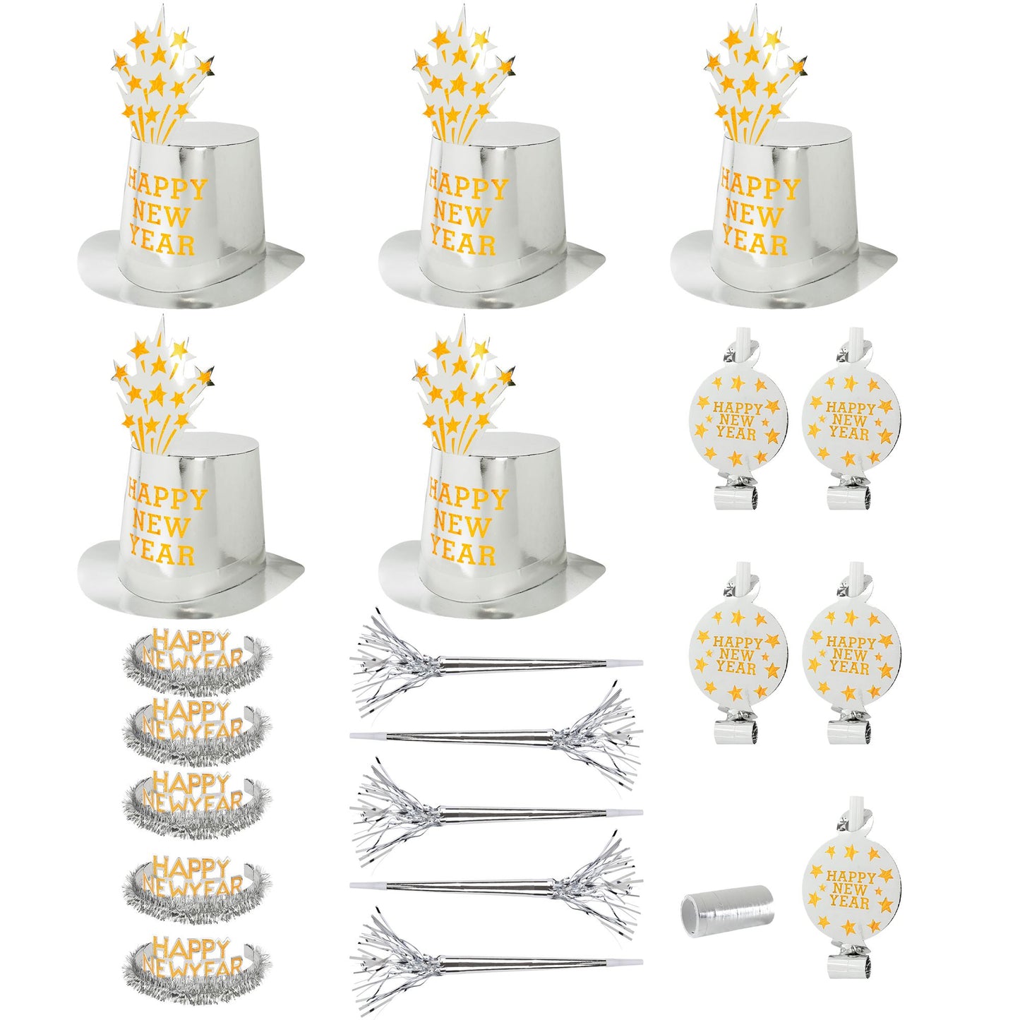 "PARTY KIT HAPPY NEW YEAR SILBER" für 10 Personen (5 Zylinder, 5 Kronen, 5 Trompeten, 5 Luftrüssel, 1 Rolle aus 10 dekorativen Luftschlangen) – Vorderansicht