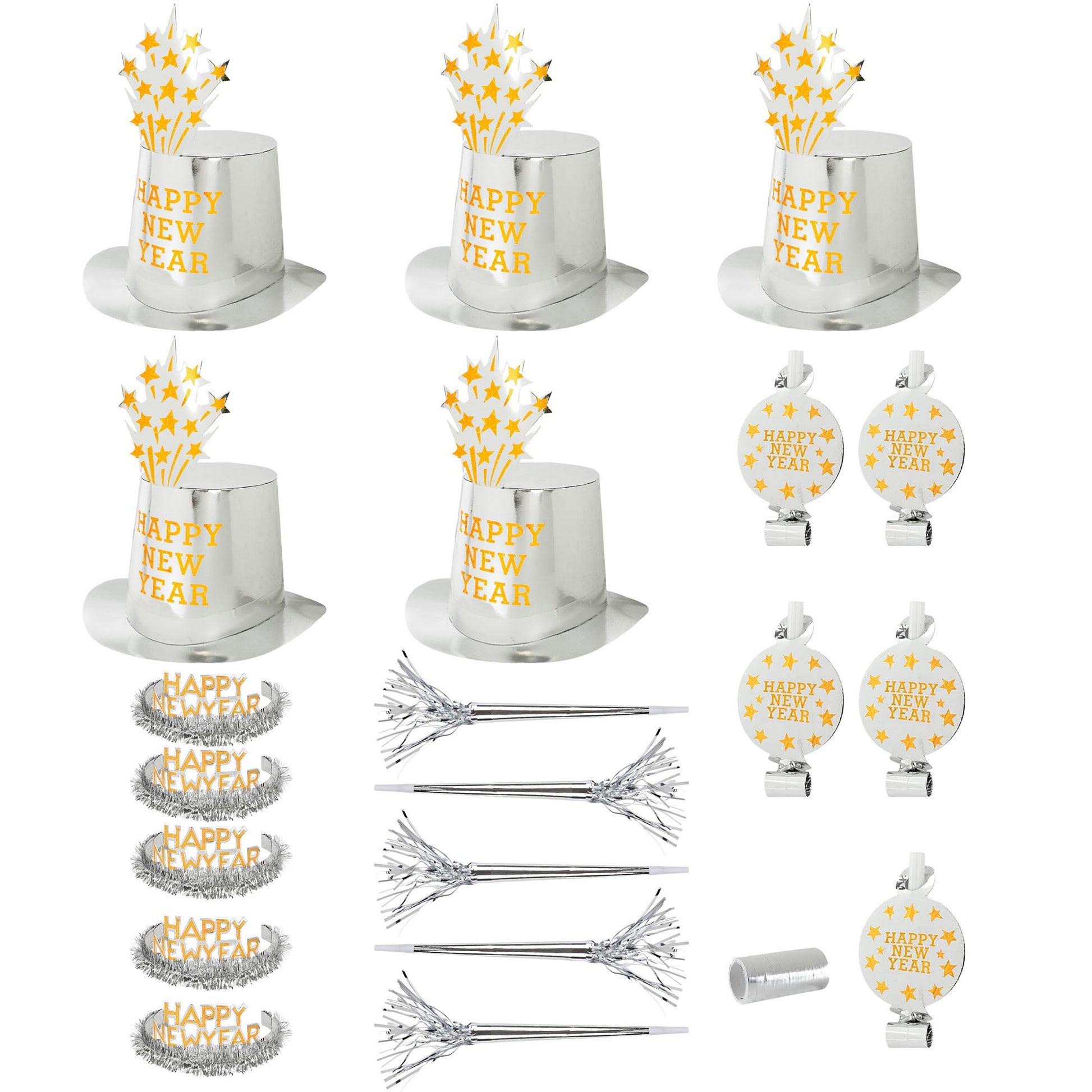 "PARTY KIT HAPPY NEW YEAR SILBER" für 10 Personen (5 Zylinder, 5 Kronen, 5 Trompeten, 5 Luftrüssel, 1 Rolle aus 10 dekorativen Luftschlangen) – Vorderansicht