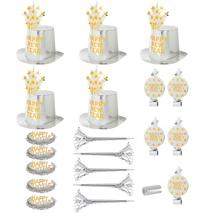"PARTY KIT HAPPY NEW YEAR SILBER" für 10 Personen (5 Zylinder, 5 Kronen, 5 Trompeten, 5 Luftrüssel, 1 Rolle aus 10 dekorativen Luftschlangen) – Vorderansicht