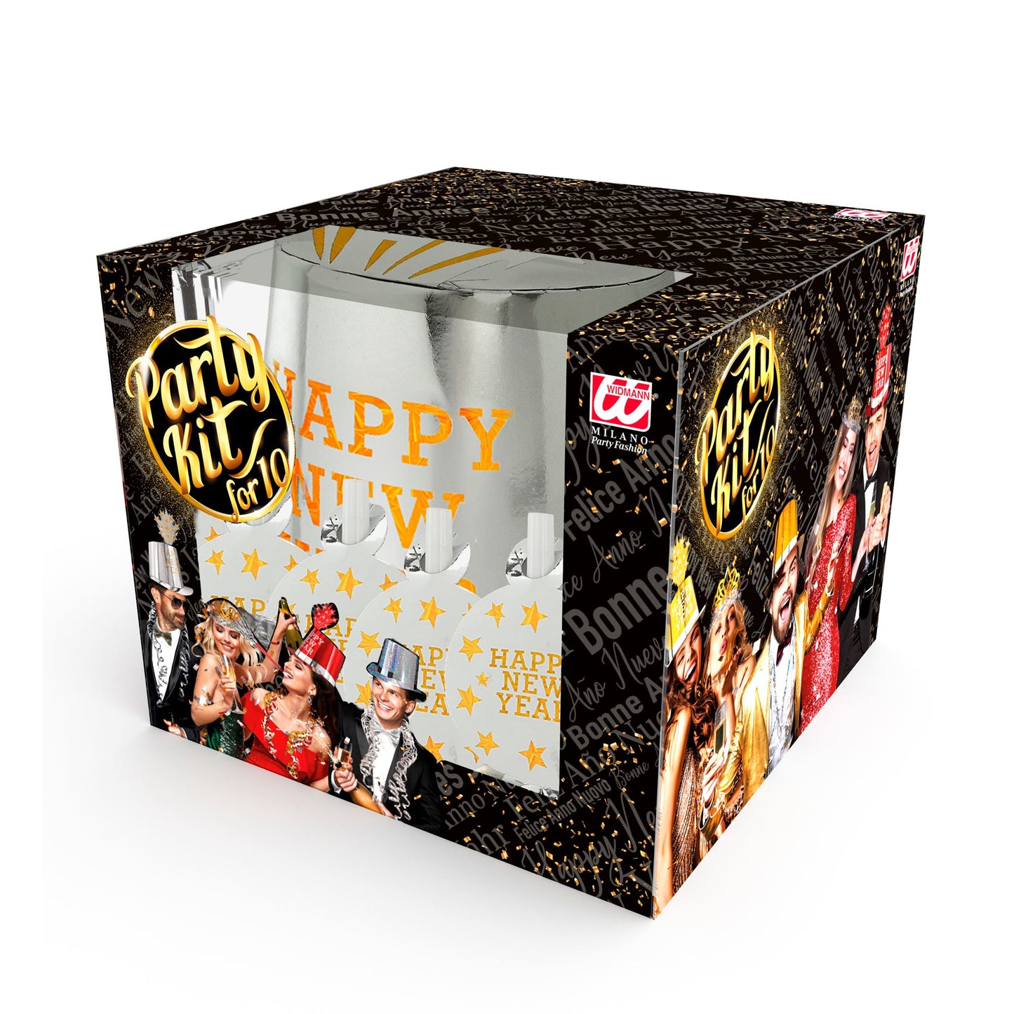"PARTY KIT HAPPY NEW YEAR SILBER" für 10 Personen (5 Zylinder, 5 Kronen, 5 Trompeten, 5 Luftrüssel, 1 Rolle aus 10 dekorativen Luftschlangen) – Detailansicht