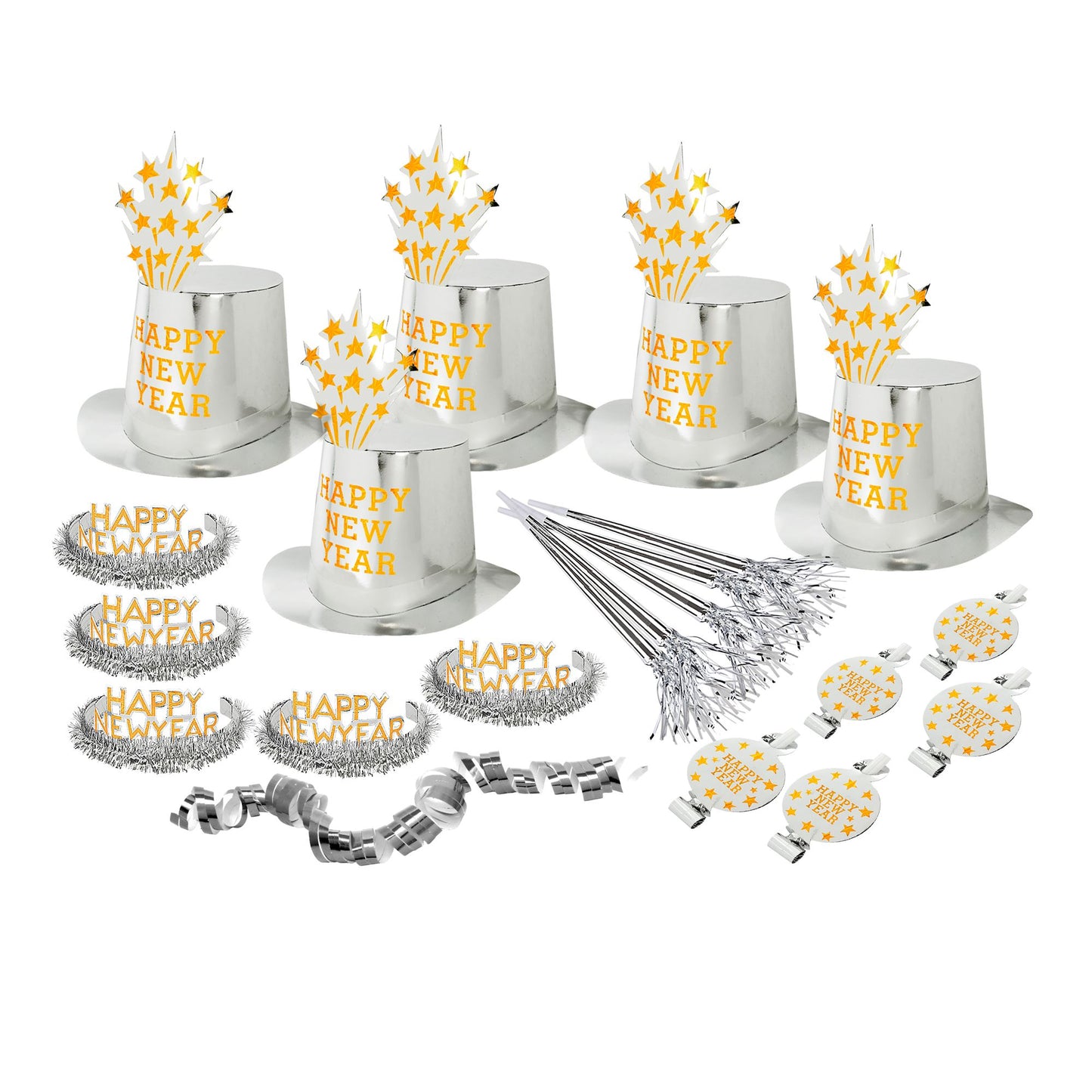 "PARTY KIT HAPPY NEW YEAR SILBER" für 10 Personen (5 Zylinder, 5 Kronen, 5 Trompeten, 5 Luftrüssel, 1 Rolle aus 10 dekorativen Luftschlangen) – Ansicht 3