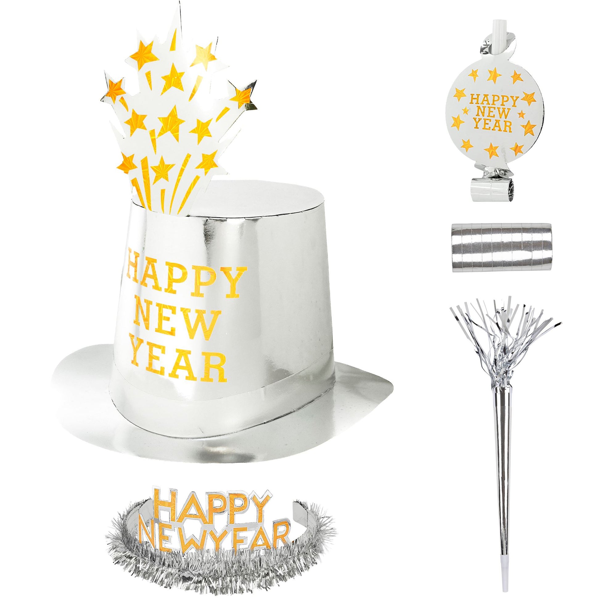 "PARTY KIT HAPPY NEW YEAR SILBER" für 10 Personen (5 Zylinder, 5 Kronen, 5 Trompeten, 5 Luftrüssel, 1 Rolle aus 10 dekorativen Luftschlangen) – Ansicht 4