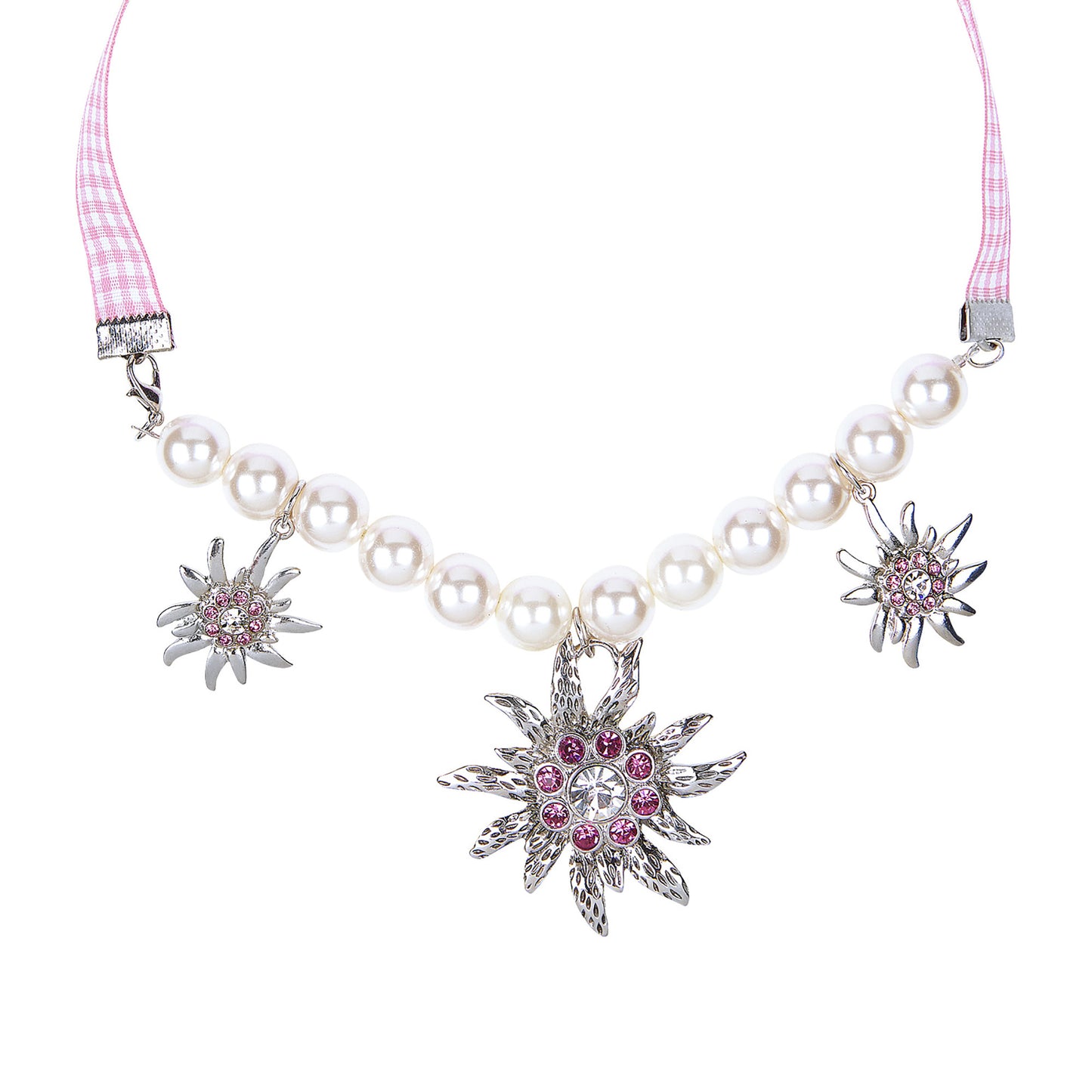 "PERLENKETTE EDELWEISS MIT KLAREN UND ROSA STRASS" – Vorderansicht