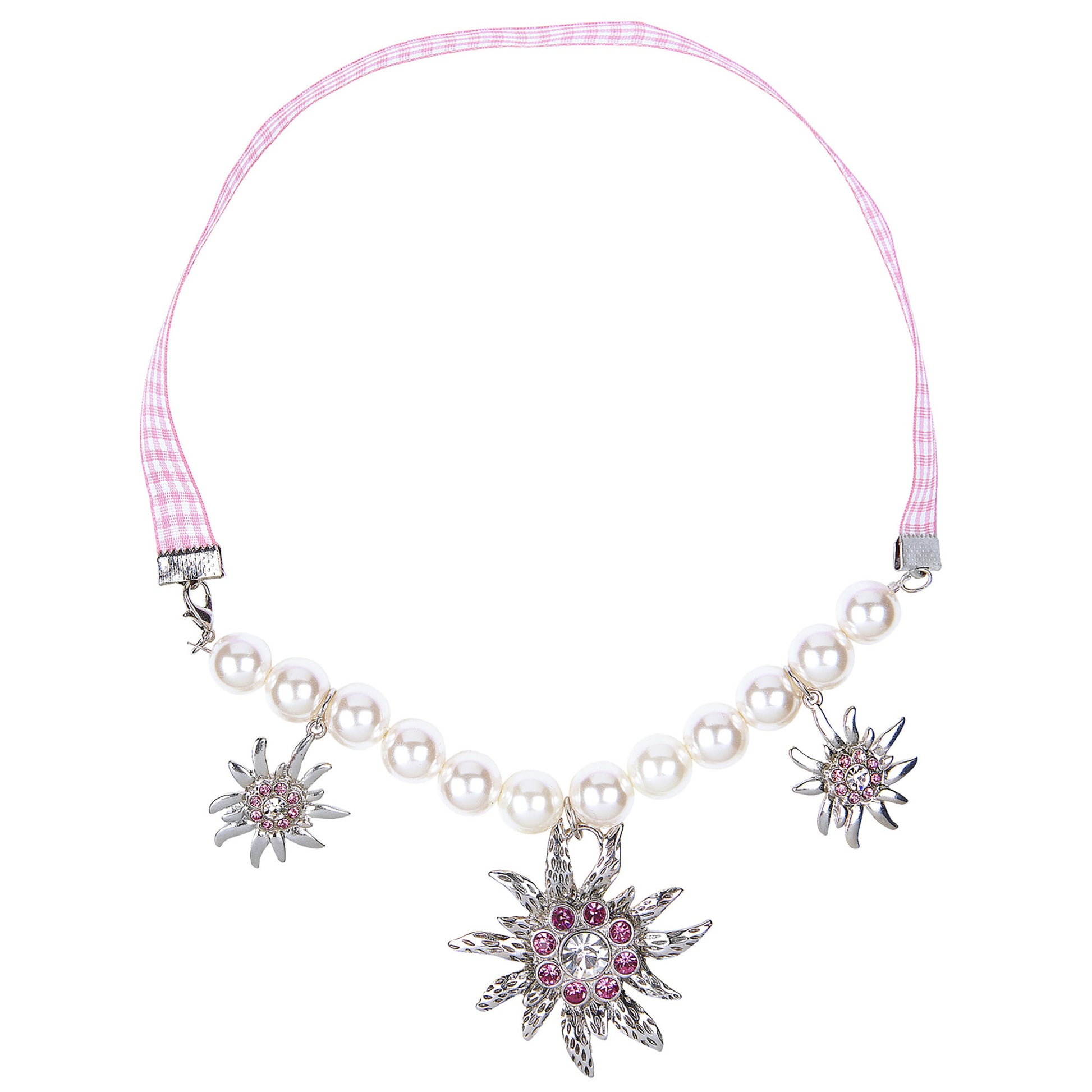 "PERLENKETTE EDELWEISS MIT KLAREN UND ROSA STRASS" – Detailansicht