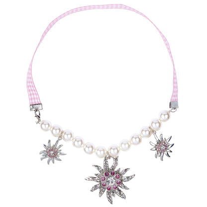 "PERLENKETTE EDELWEISS MIT KLAREN UND ROSA STRASS" – Detailansicht