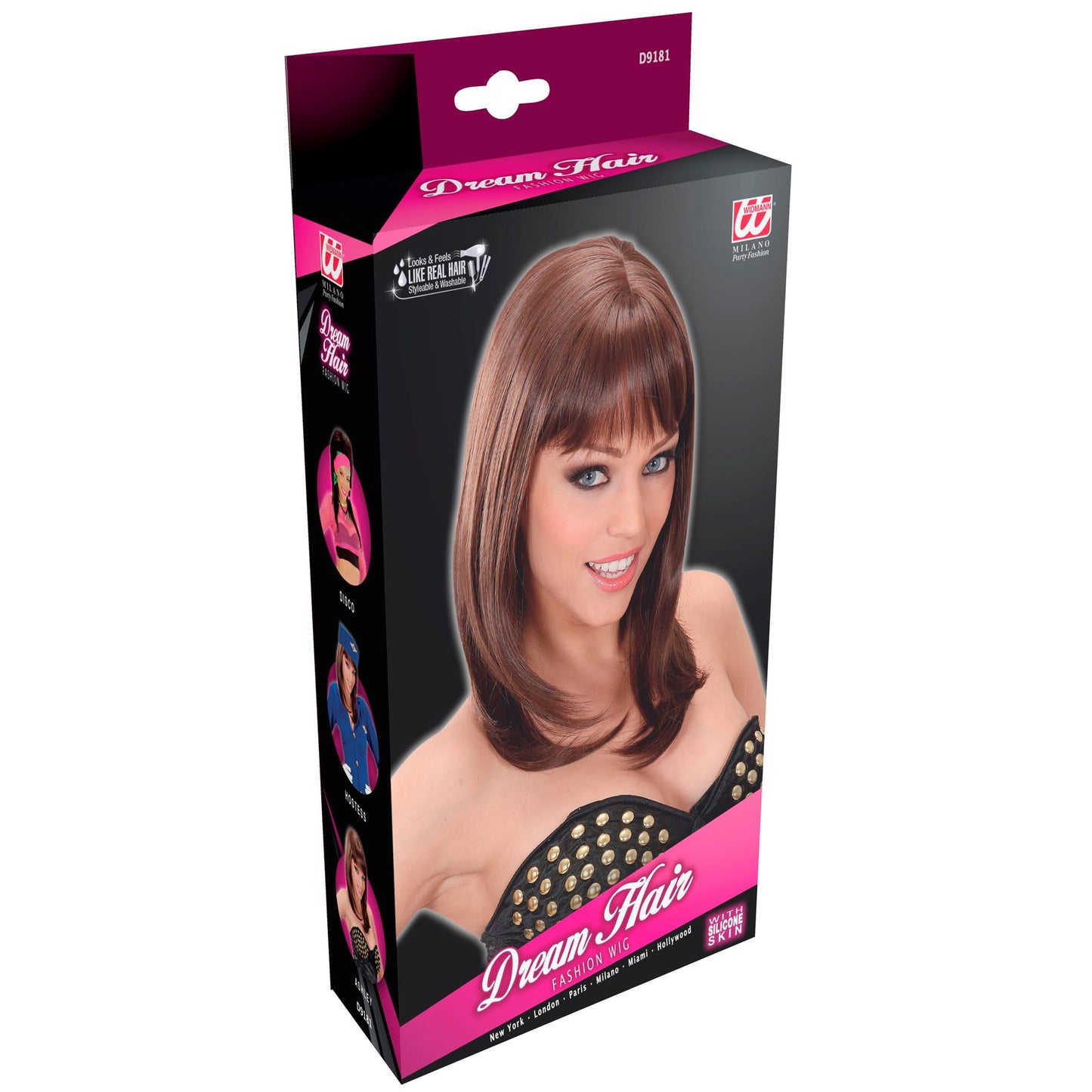 "PERÜCKE ASHLEY BRAUN" (gestuftes Haar mit Pony) in farbiger Box – Detailansicht