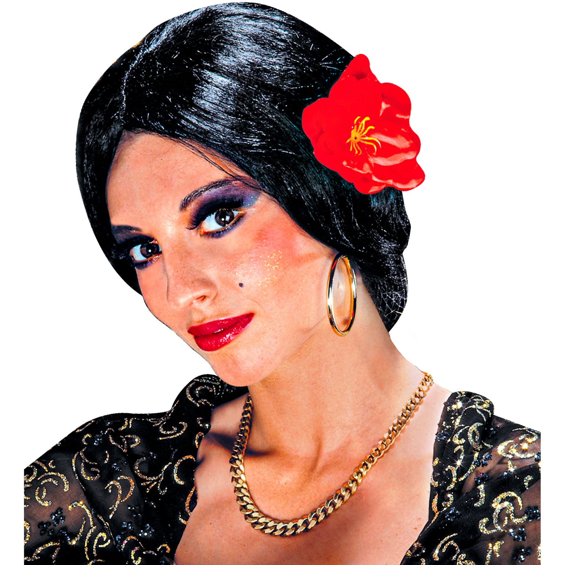 "PERÜCKE CARMEN MIT BLUME" in Polybag – Vorderansicht