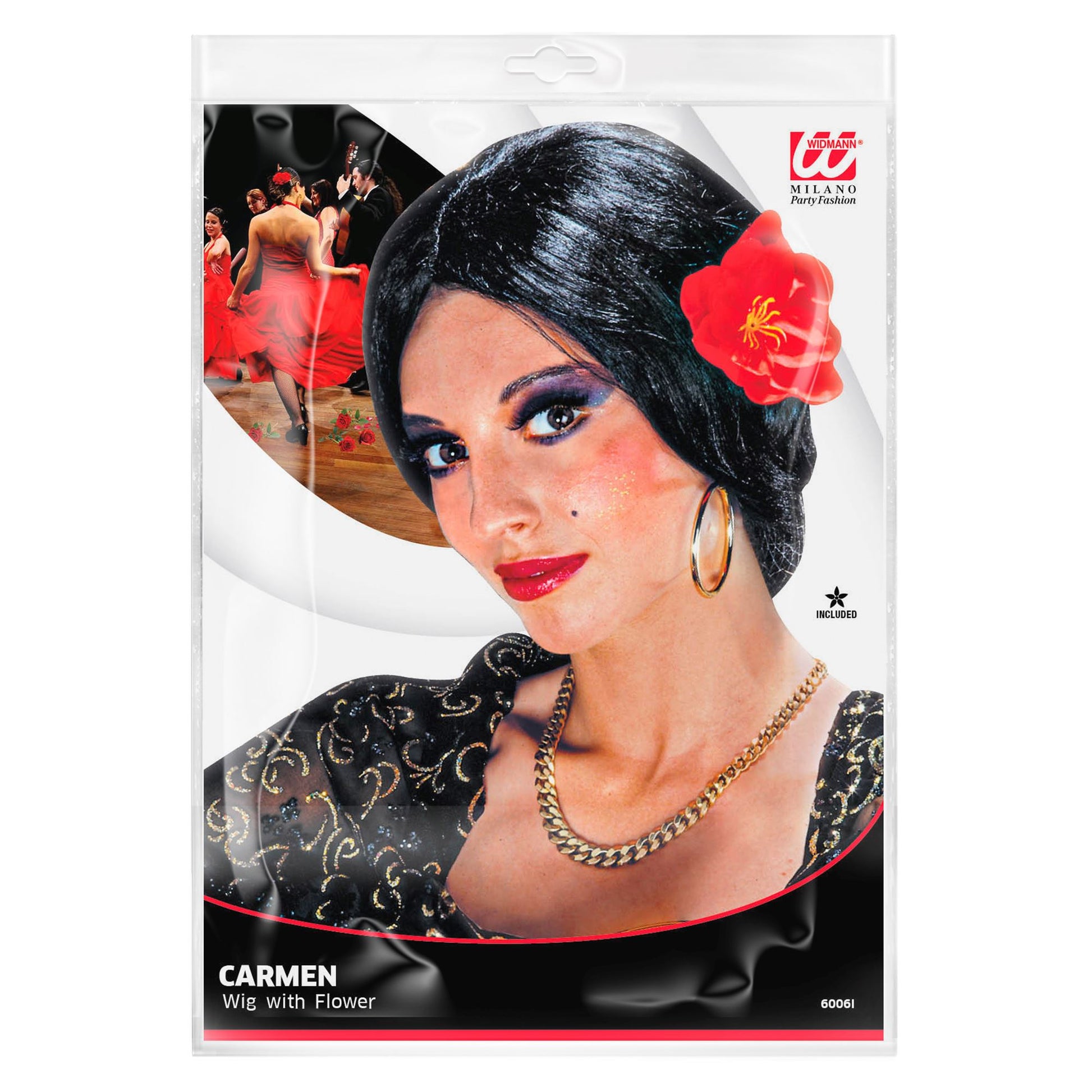 "PERÜCKE CARMEN MIT BLUME" in Polybag – Detailansicht