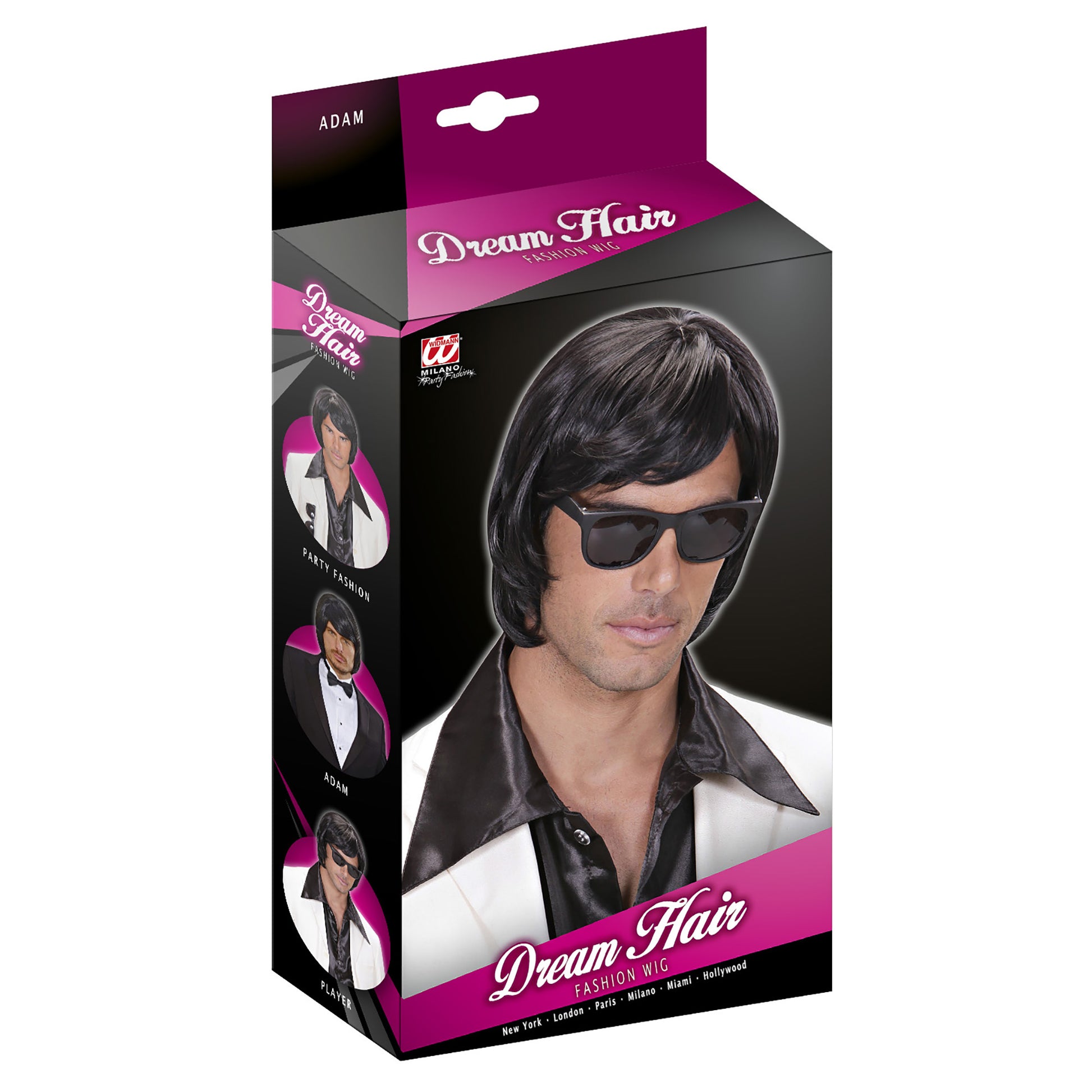 "PERÜCKE DREAM HAIR ADAM SCHWARZ"in farbiger Box – Detailansicht