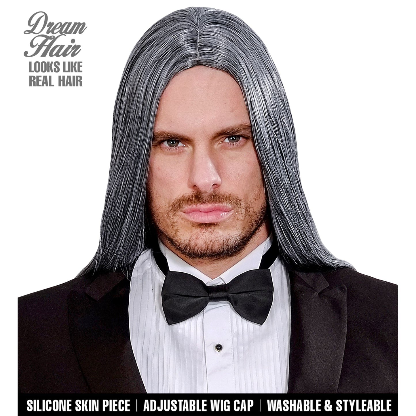 "PERÜCKE DREAM HAIR VIKTOR GRAU" in farbiger Box – Vorderansicht