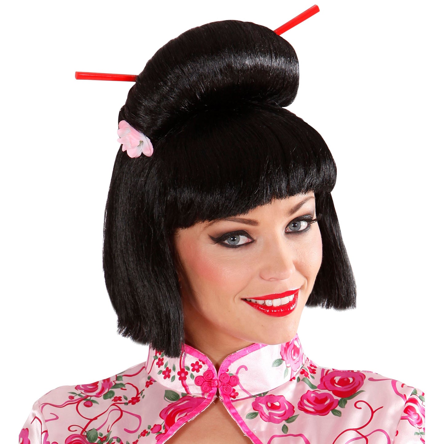 "PERÜCKE GEISHA MIT BLUMEN UND STÄBCHEN" in Box – Vorderansicht