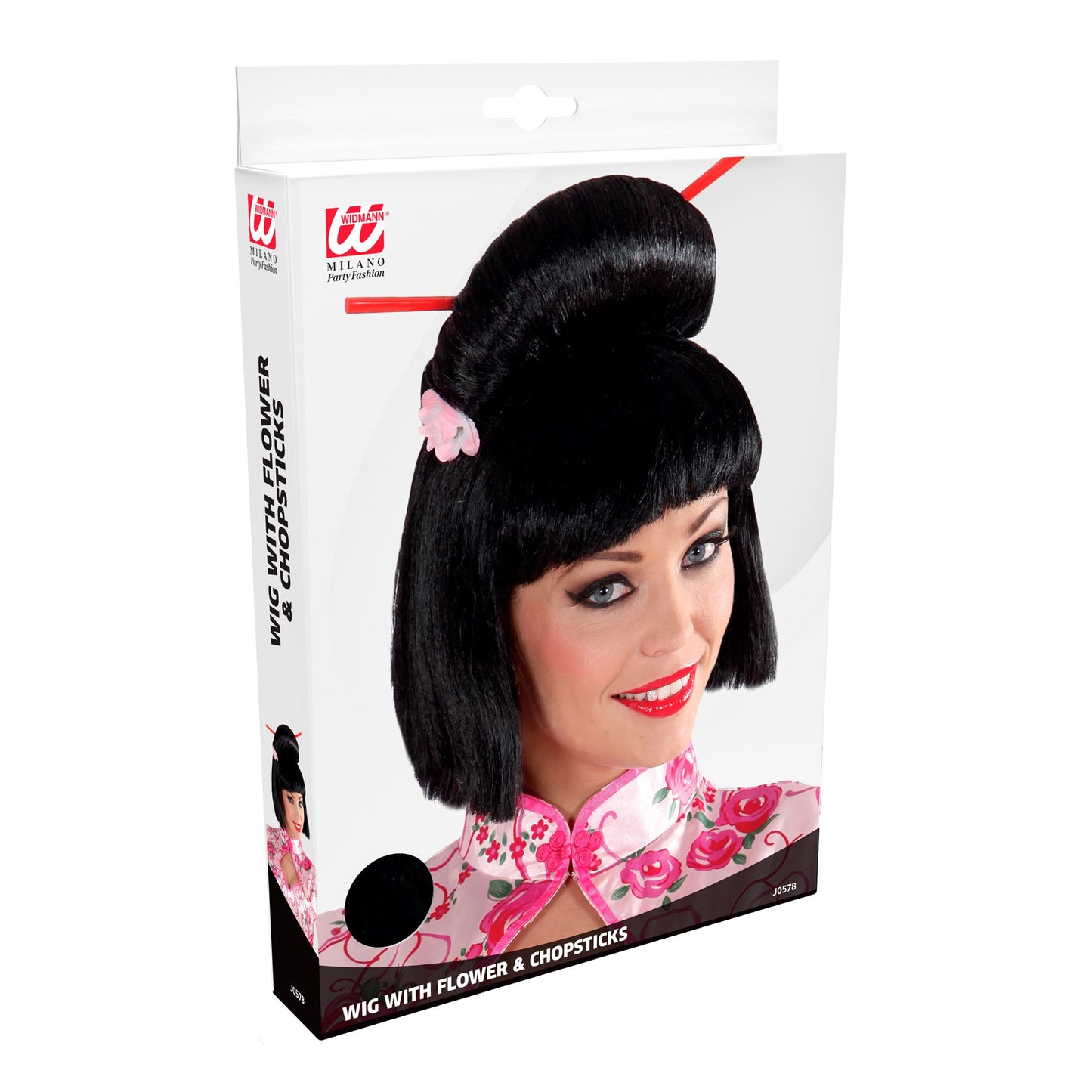 "PERÜCKE GEISHA MIT BLUMEN UND STÄBCHEN" in Box – Detailansicht