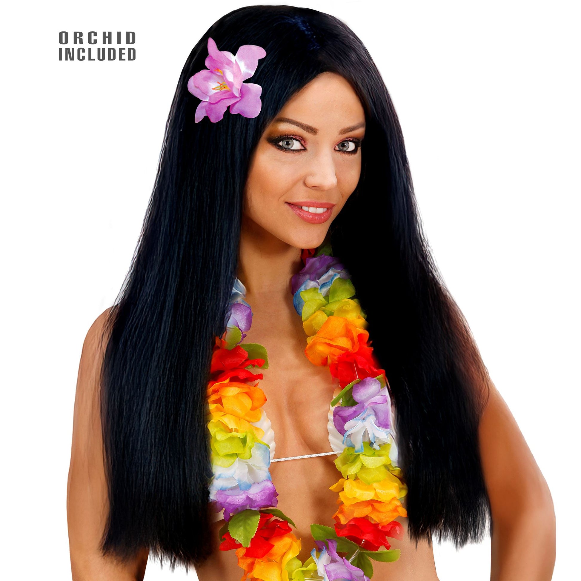 "PERÜCKE HAWAII MIT ORCHIDEE" in Polybag – Vorderansicht