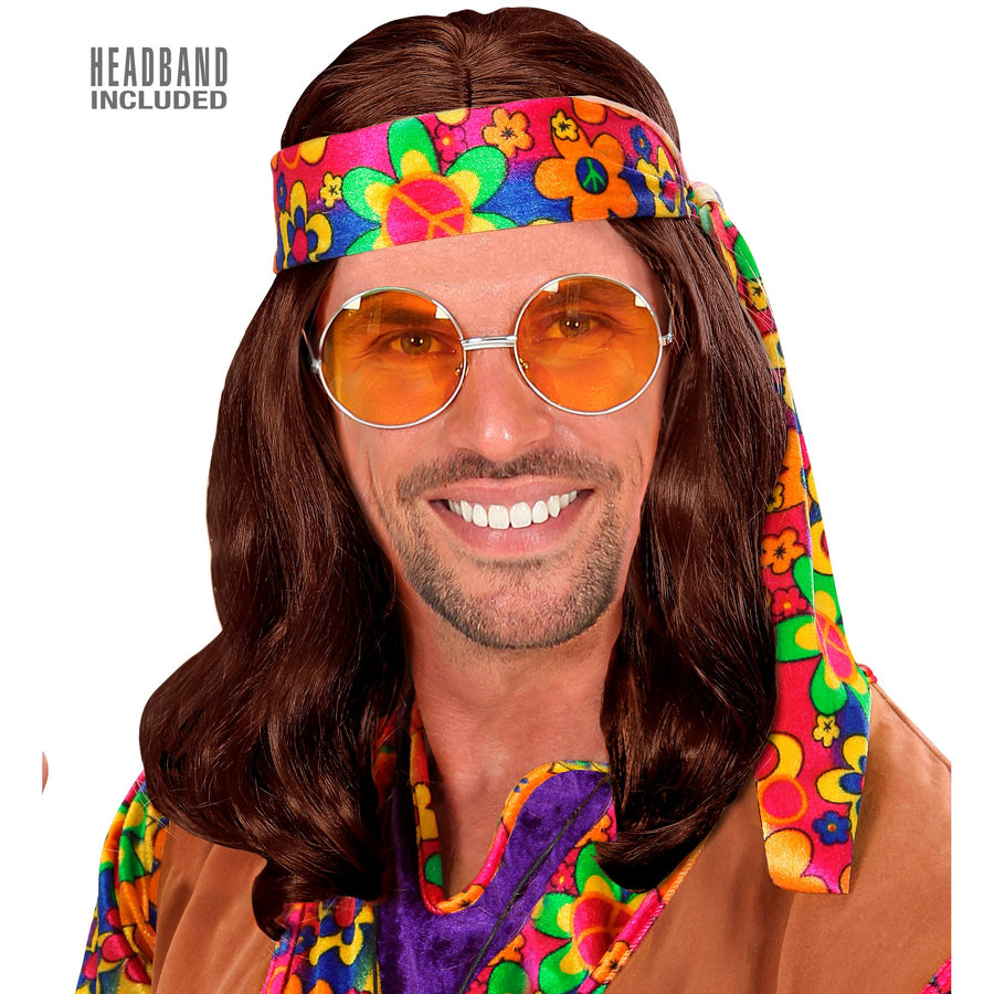 "PERÜCKE HIPPIE DUDE MIT STIRNBAND" braun - in Polybag – Vorderansicht