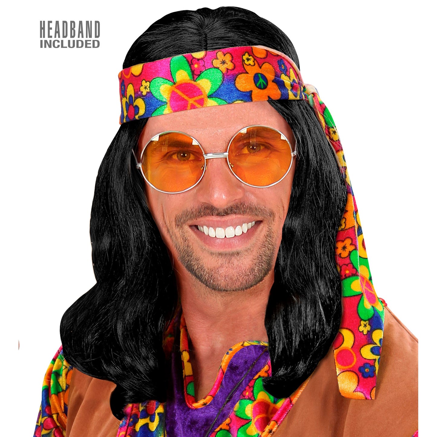 "PERÜCKE HIPPIE DUDE MIT STIRNBAND" schwarz - in Polybag – Vorderansicht