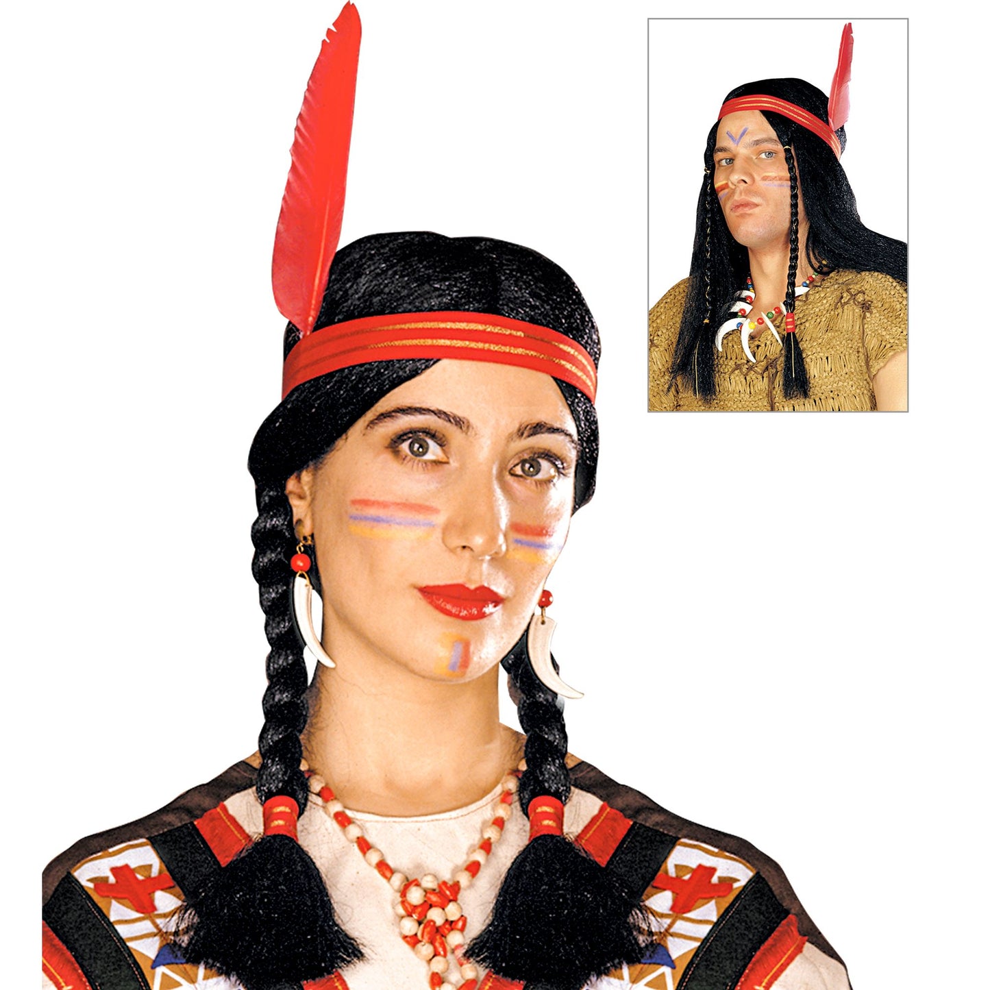"PERÜCKE INDIANER UND INDIANERIN" in Polybag - in 2 Modellen sort – Vorderansicht
