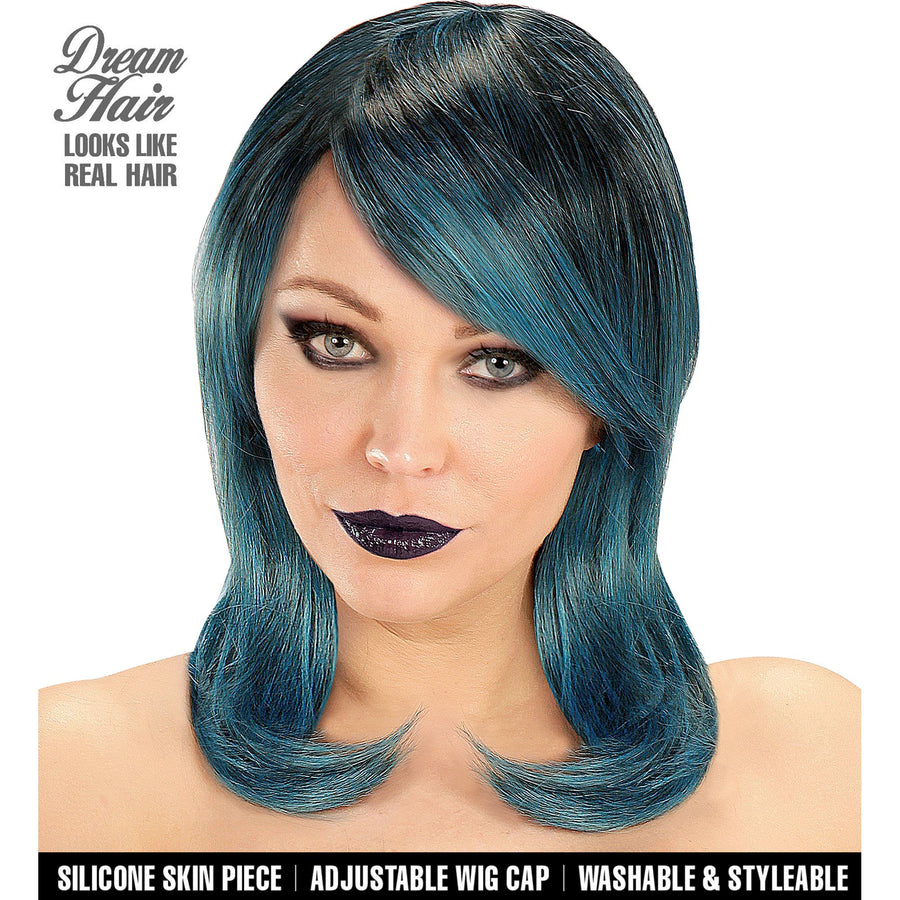 "PERÜCKE MEGAN SCHWARZ-BLAU-GRÜN IN DREAM HAIR QUALITÄT" in farbiger Box – Vorderansicht
