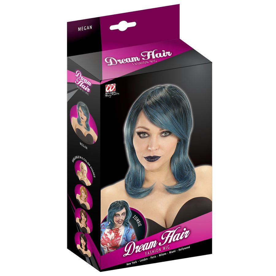 "PERÜCKE MEGAN SCHWARZ-BLAU-GRÜN IN DREAM HAIR QUALITÄT" in farbiger Box – Detailansicht