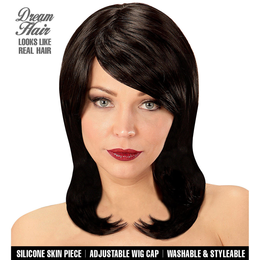 "PERÜCKE MEGAN SCHWARZ IN DREAM HAIR QUALITÄT" in farbiger Box – Vorderansicht