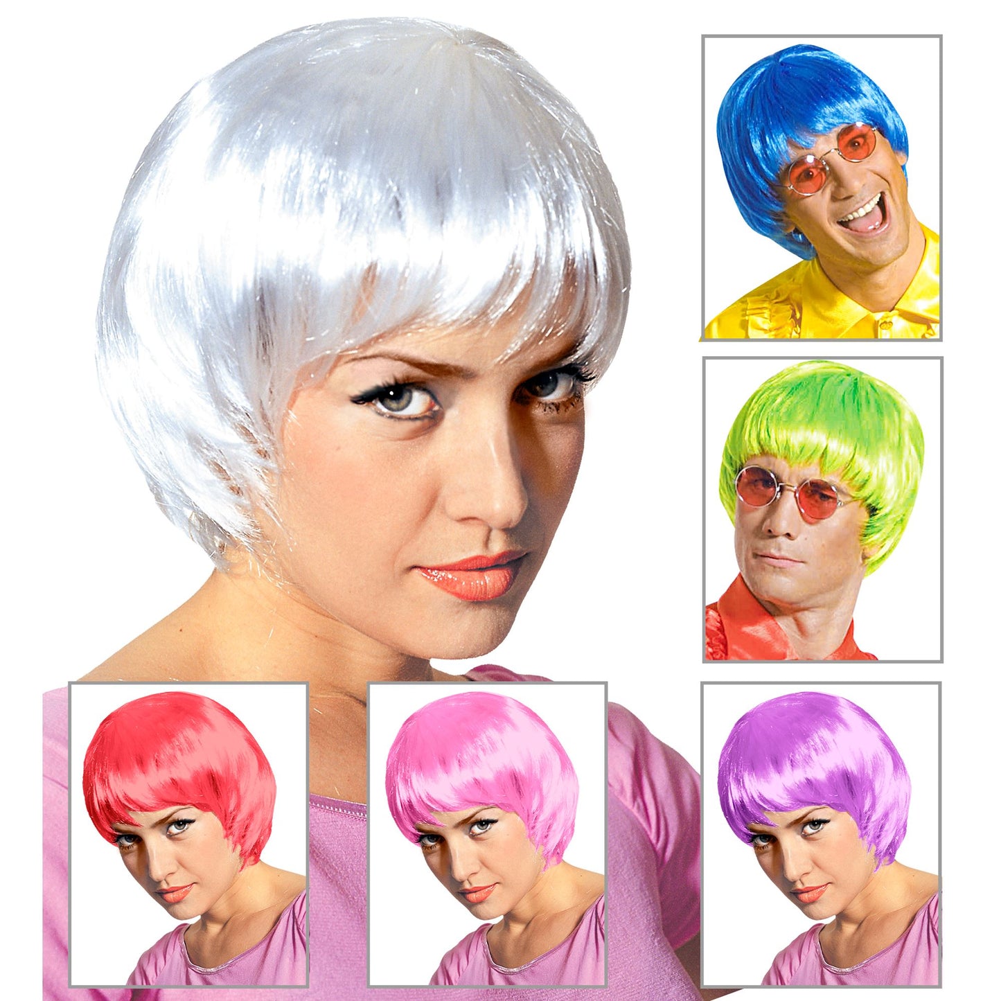 "PERÜCKE NEW AGE" in Box - in 6 Farben sort.: weiß, rosa, lila, blau,rot, grün – Vorderansicht